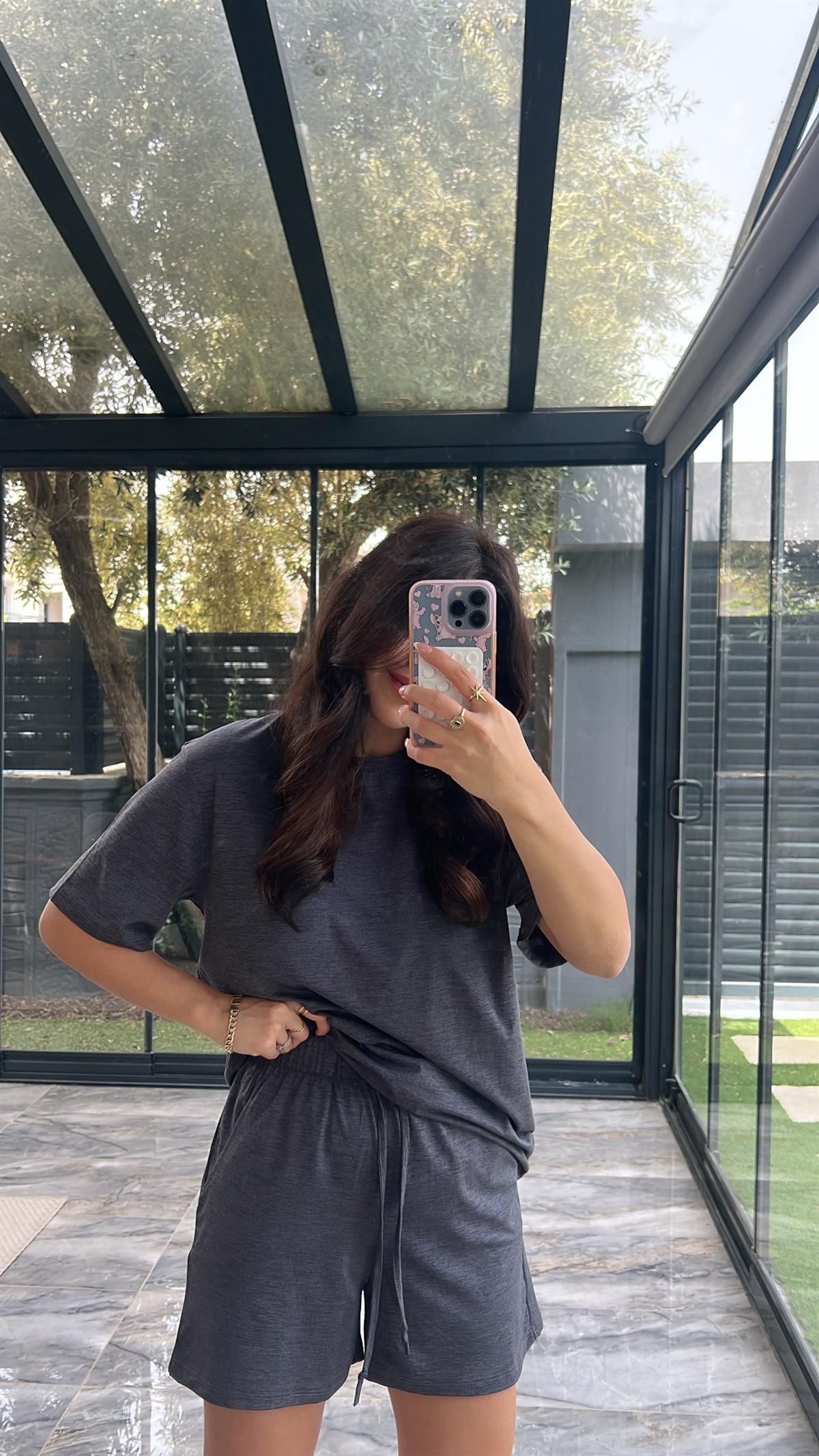 Antrasit Şort Tshirt Basic Takım