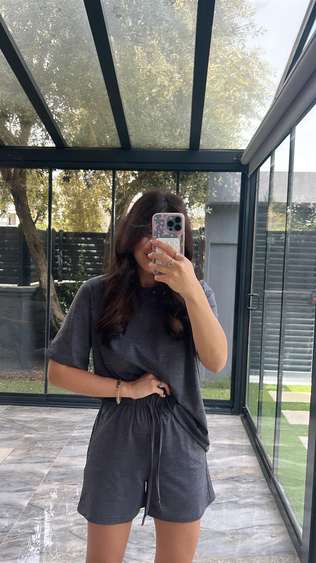 Antrasit Şort Tshirt Basic Takım