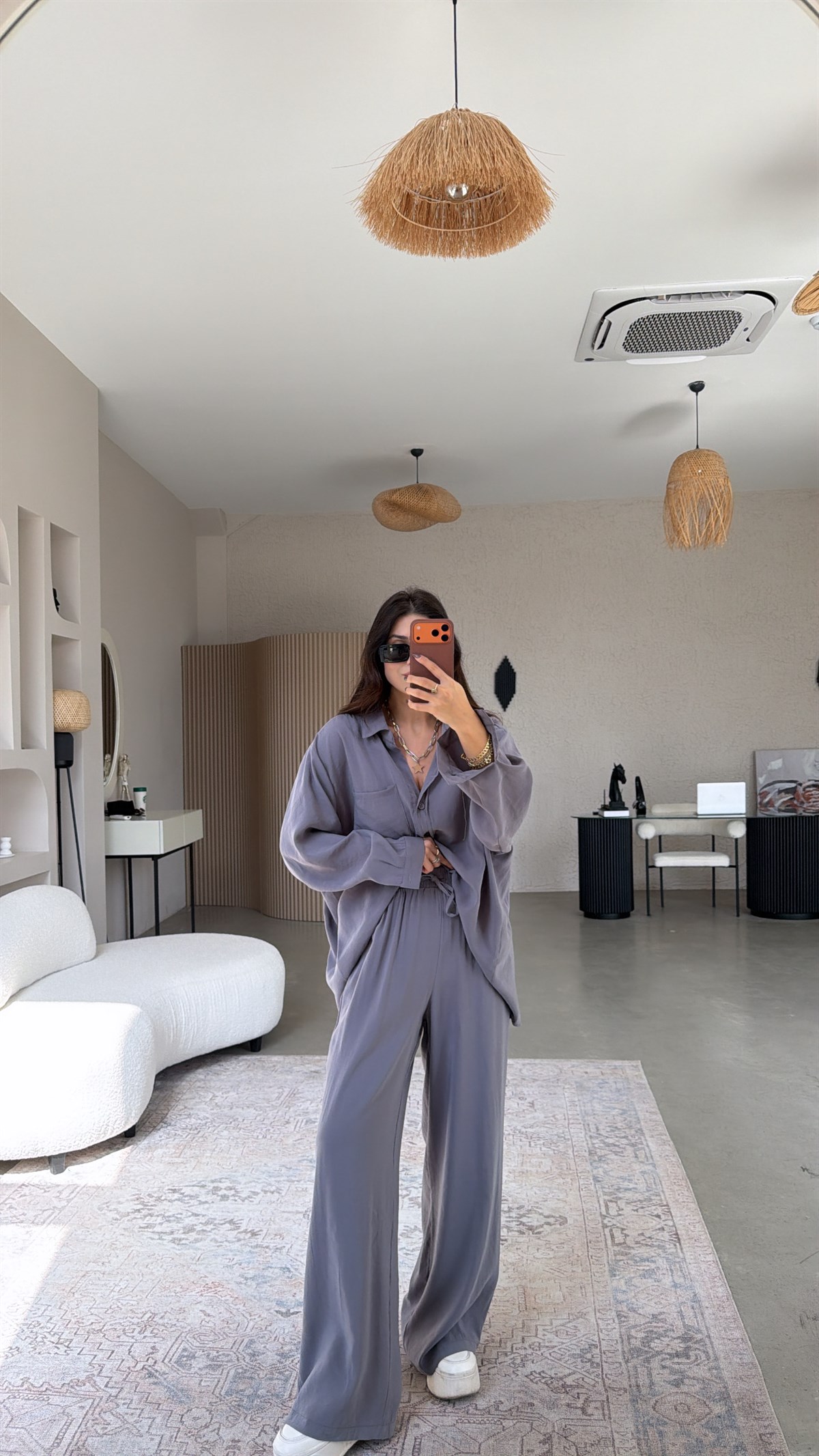 Antrasit Tensel Dökümlü Gömlek Pantolon Takım