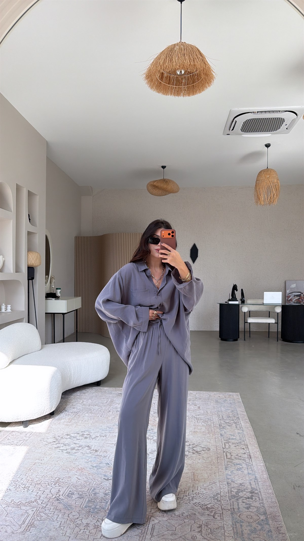 Antrasit Tensel Dökümlü Gömlek Pantolon Takım