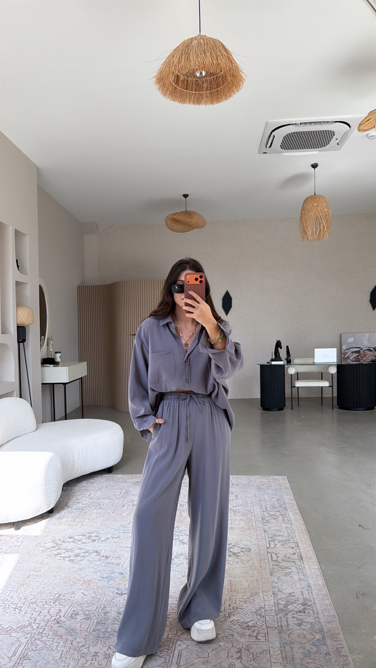 Antrasit Tensel Dökümlü Gömlek Pantolon Takım