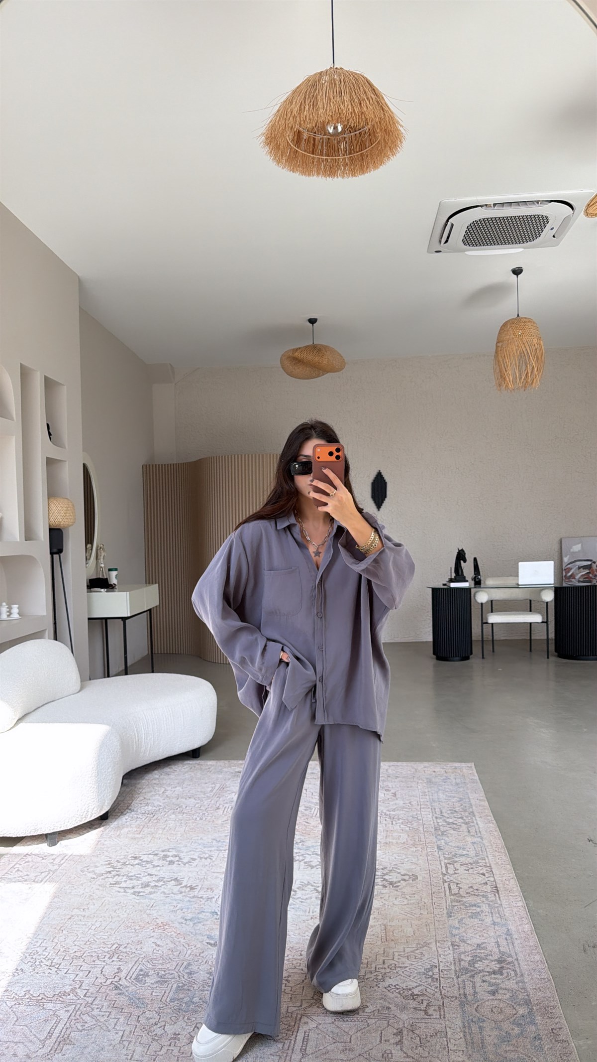 Antrasit Tensel Dökümlü Gömlek Pantolon Takım