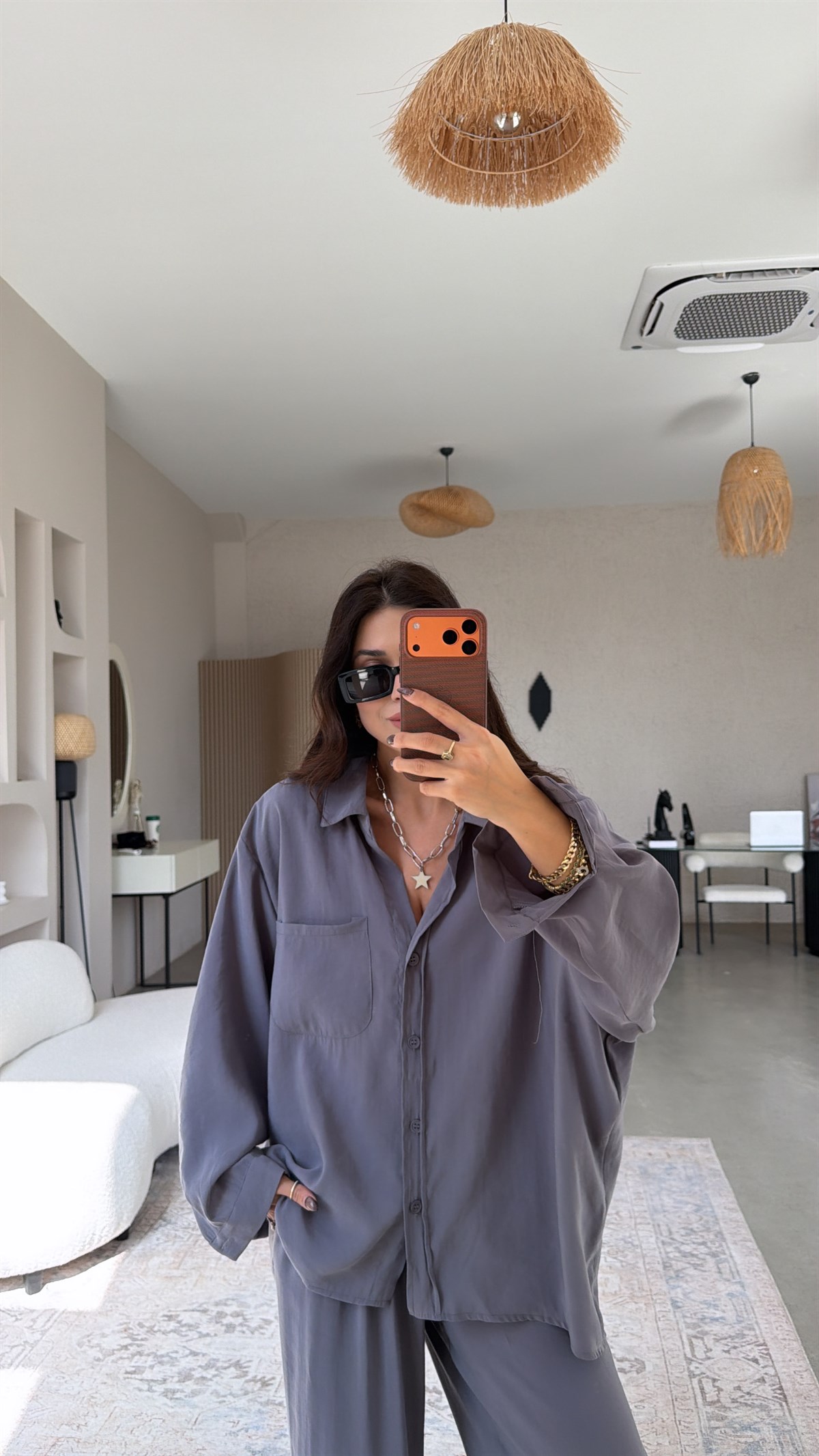 Antrasit Tensel Dökümlü Gömlek Pantolon Takım