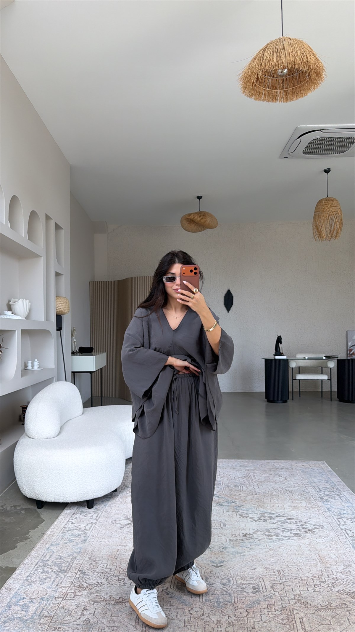 Antrasit Tensel Ön Pile Detaylı Oversize Pantolon Bluz Takım