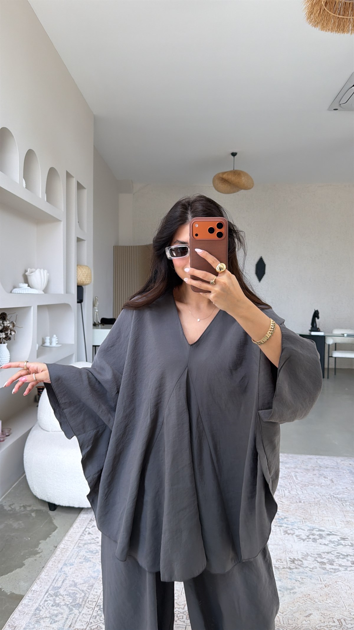 Antrasit Tensel Ön Pile Detaylı Oversize Pantolon Bluz Takım