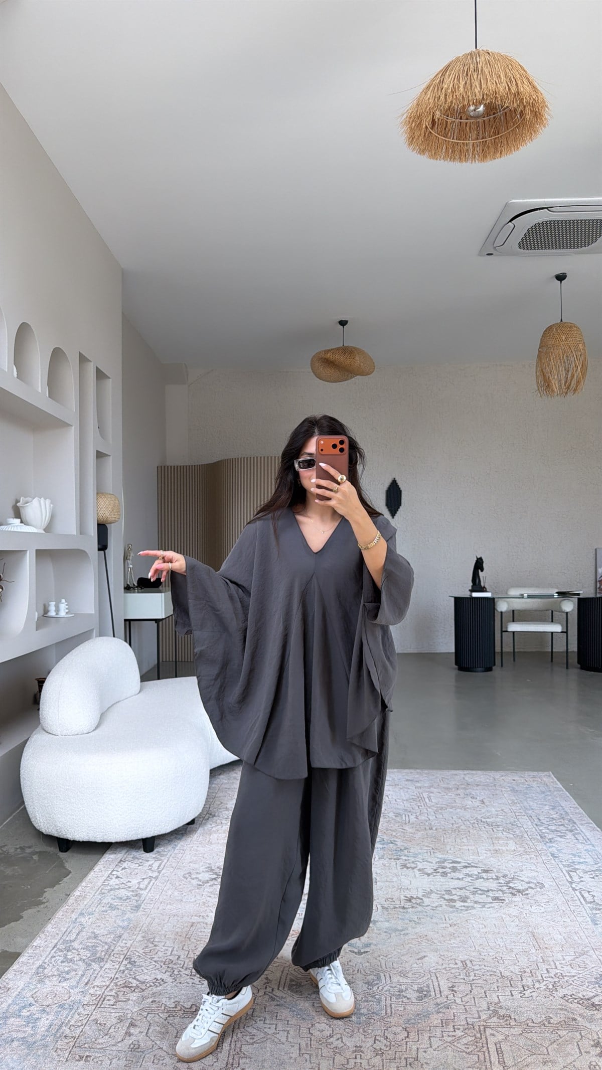 Antrasit Tensel Ön Pile Detaylı Oversize Pantolon Bluz Takım