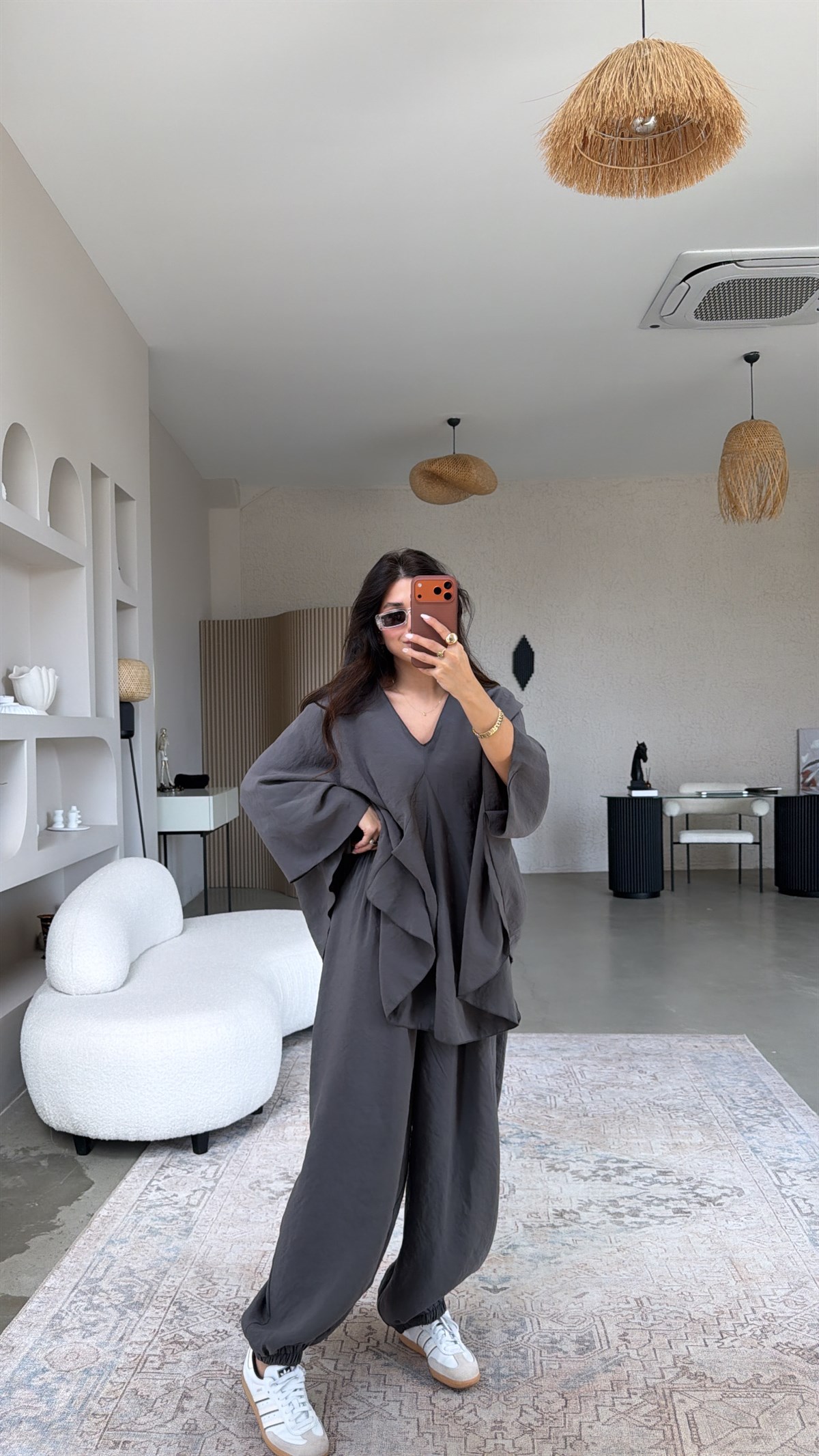 Antrasit Tensel Ön Pile Detaylı Oversize Pantolon Bluz Takım