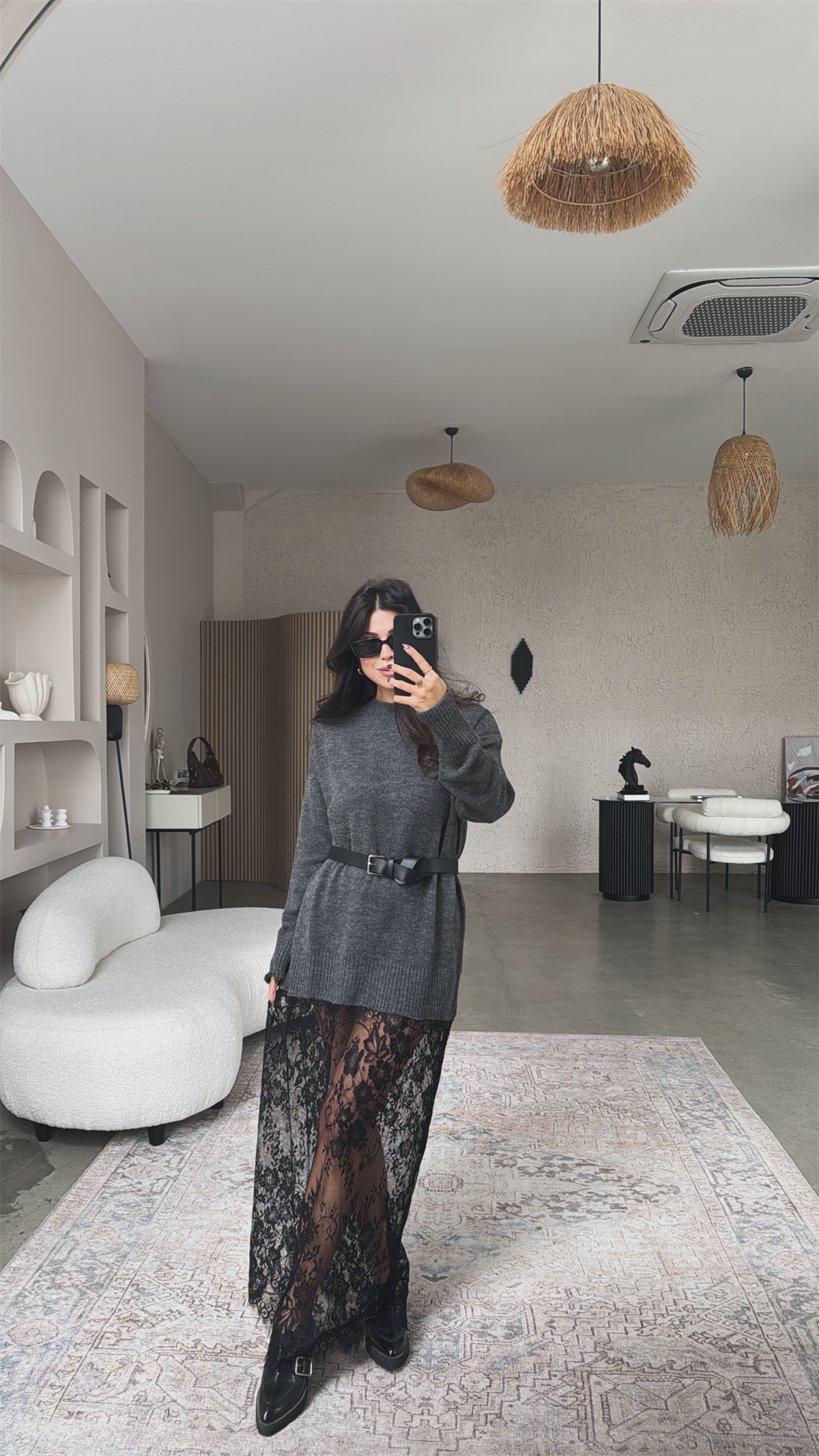 Antrasit Triko Dantelli Maxi Boy Elbise