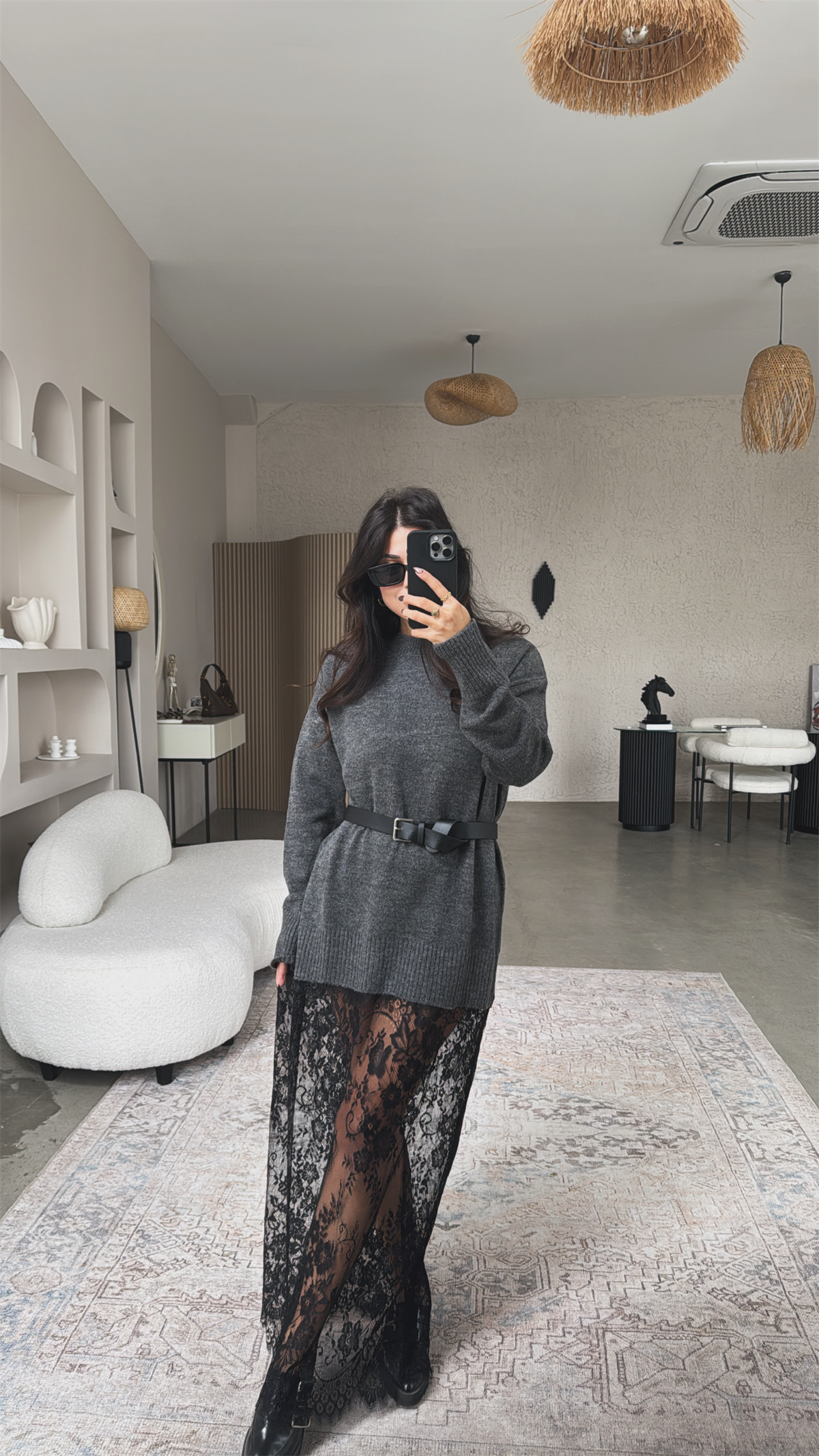 Antrasit Triko Dantelli Maxi Boy Elbise