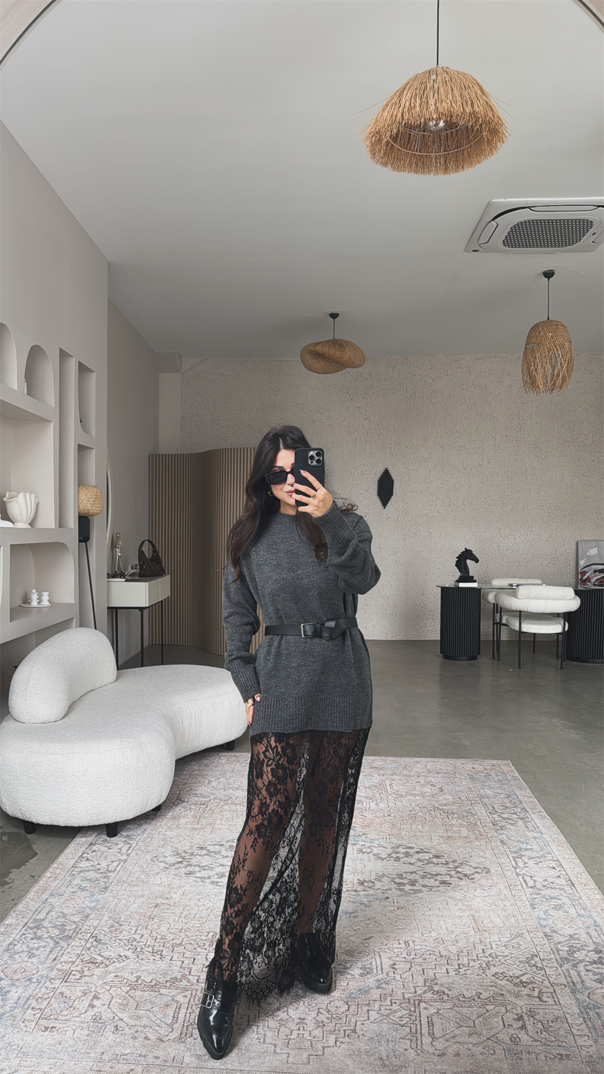 Antrasit Triko Dantelli Maxi Boy Elbise