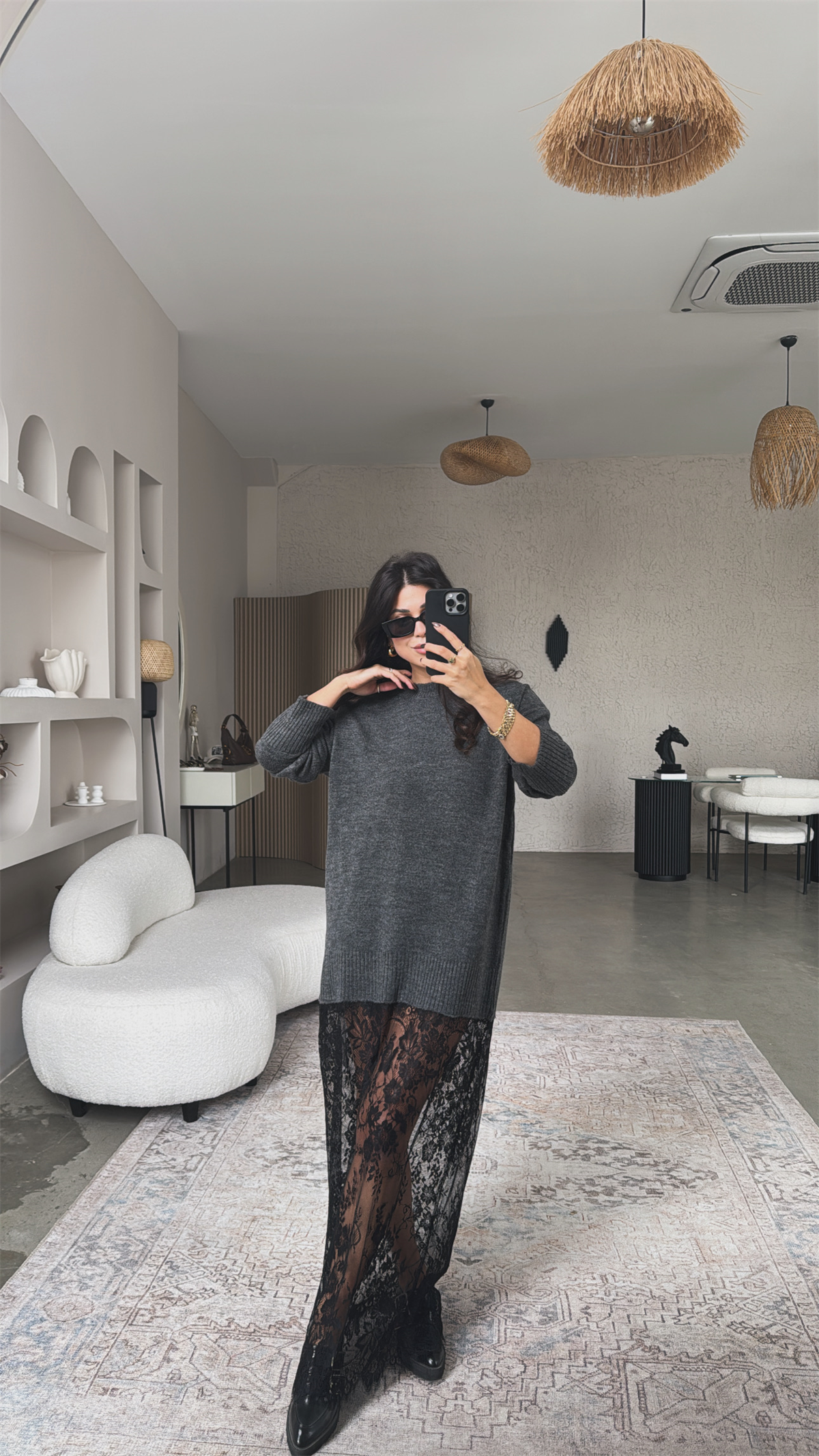 Antrasit Triko Dantelli Maxi Boy Elbise