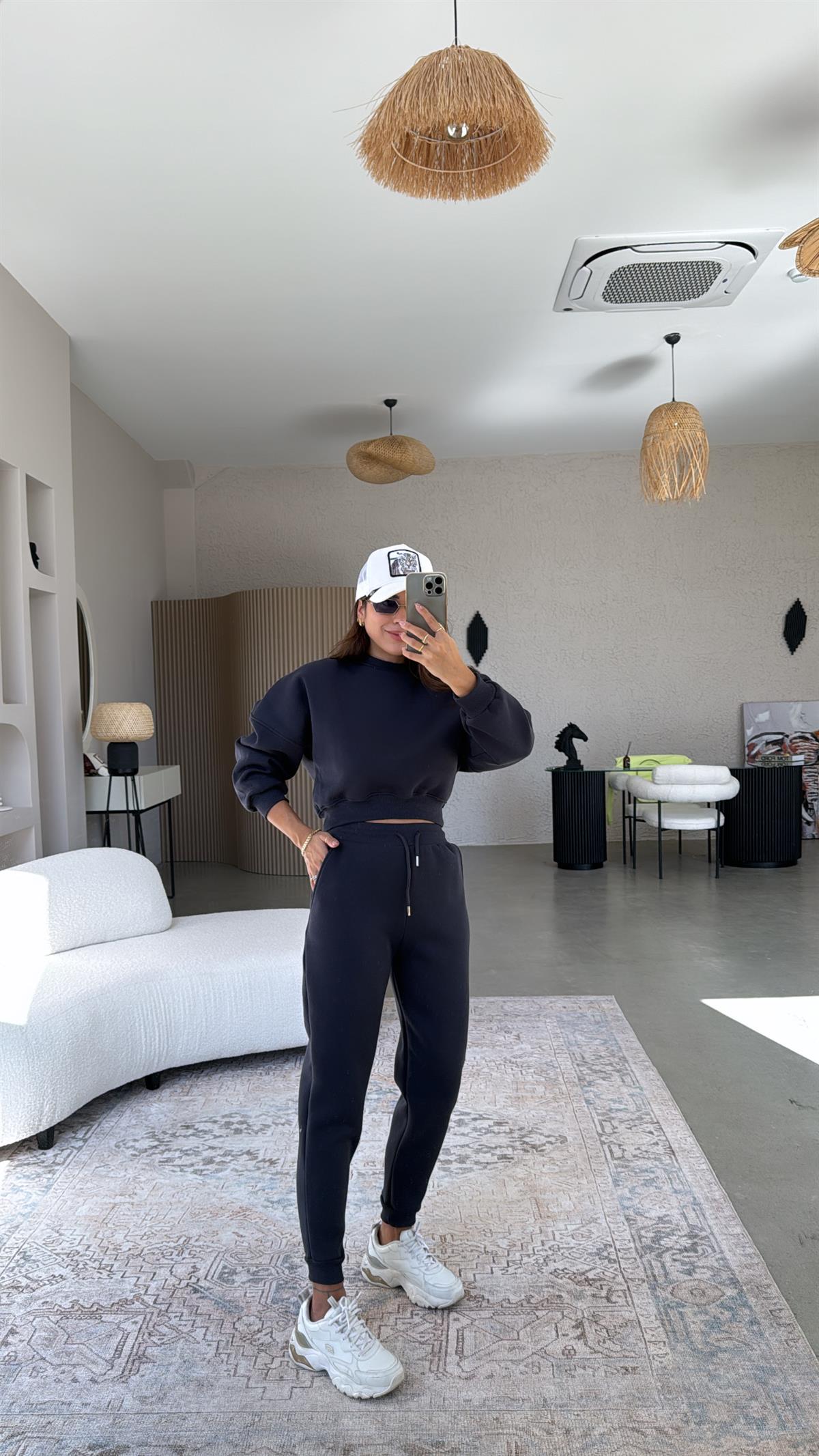 Antrasit Üç İplik Şardonlu Eşofman Takımı