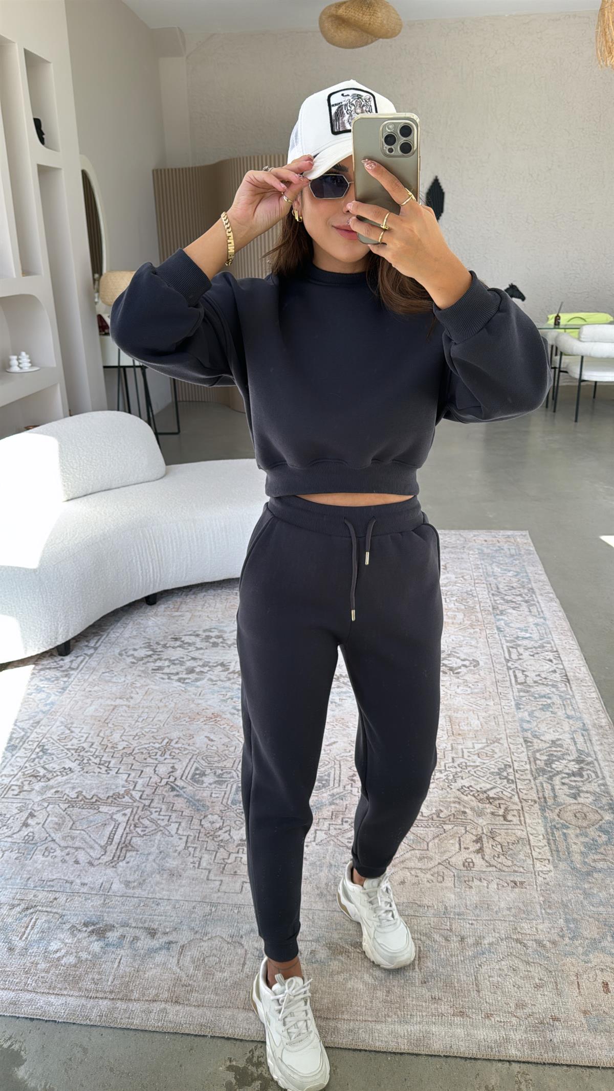 Antrasit Üç İplik Şardonlu Eşofman Takımı