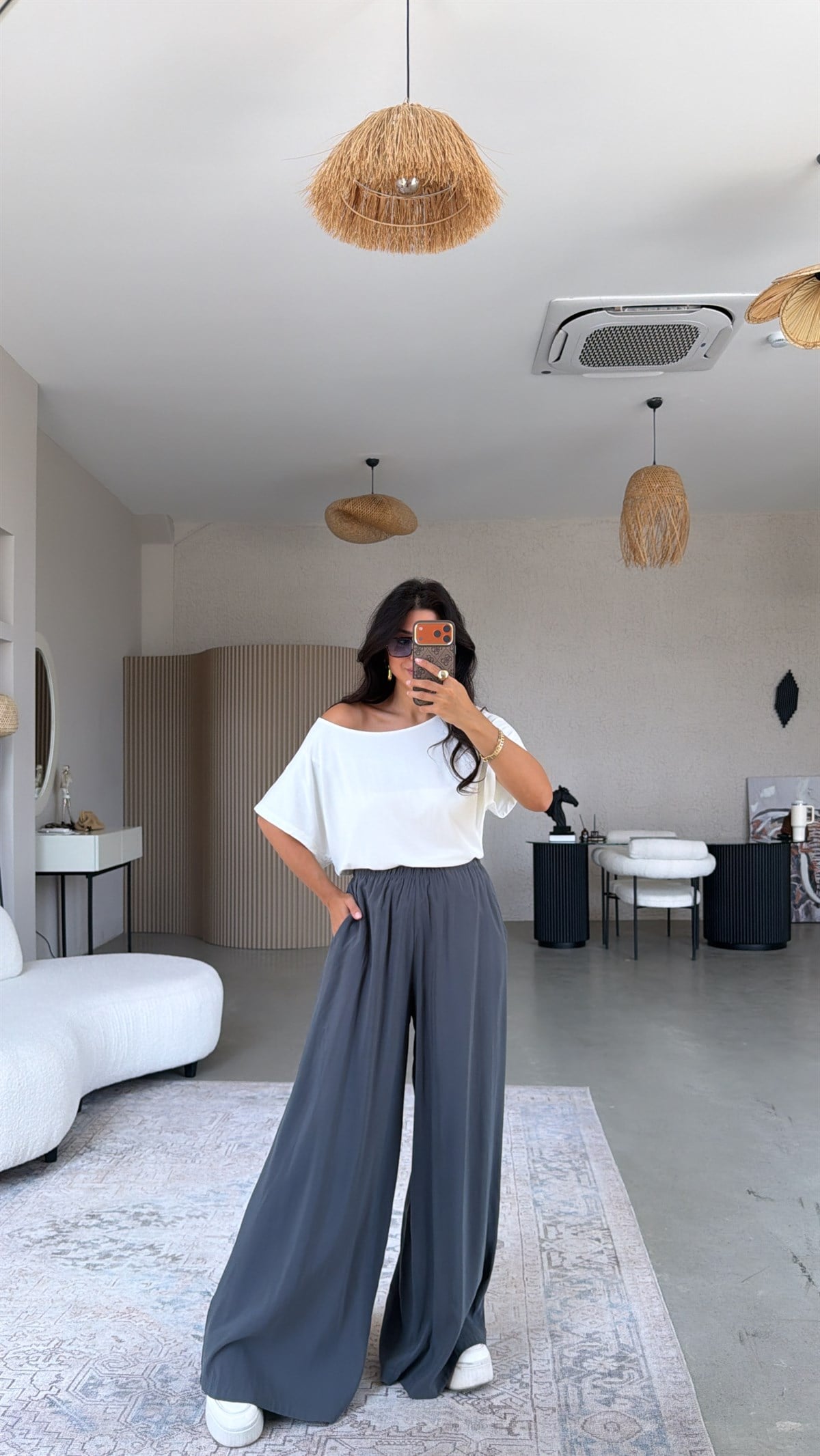 Antrasit Ultra Wide Leg Tensel Pantolon