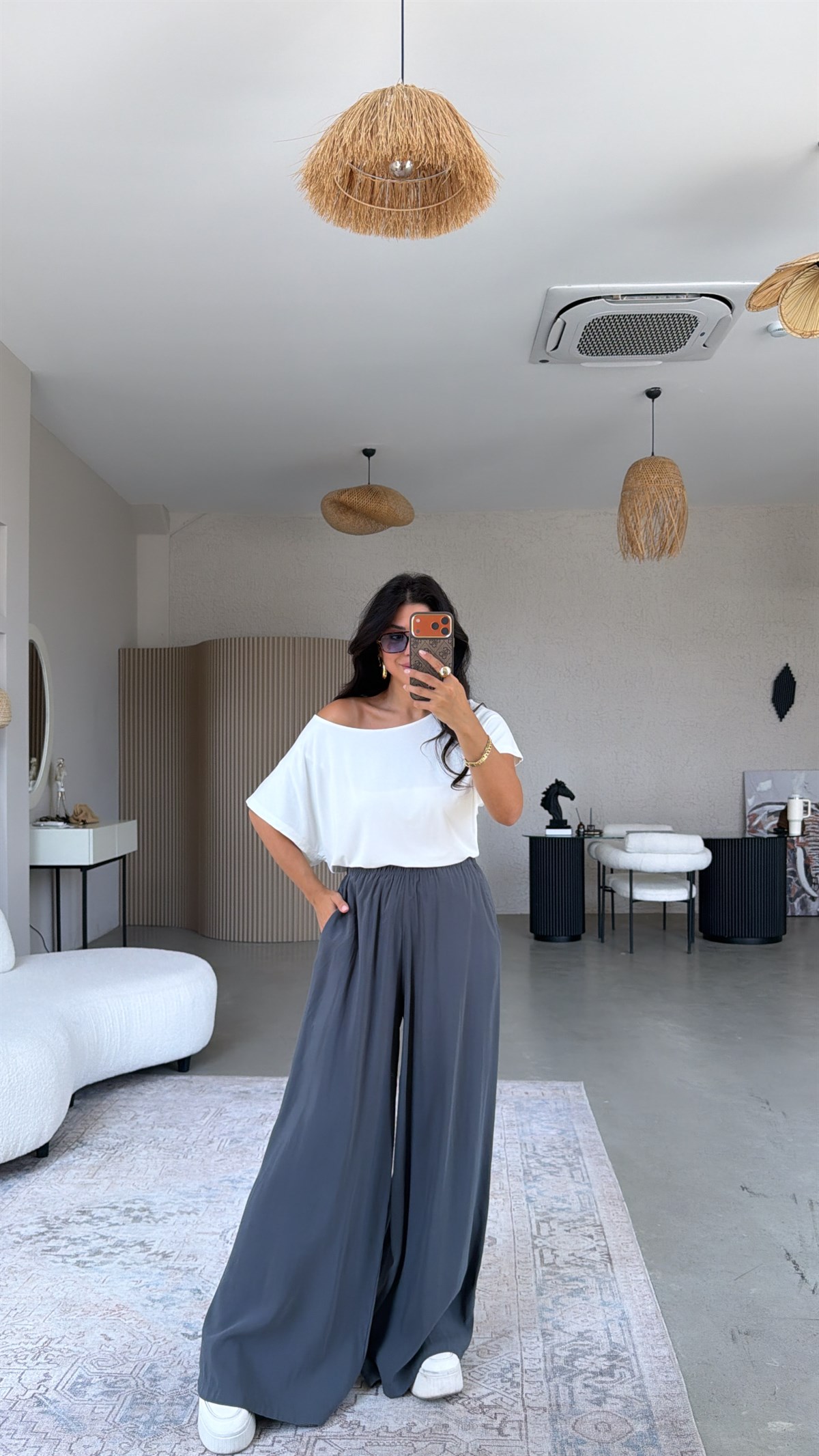Antrasit Ultra Wide Leg Tensel Pantolon