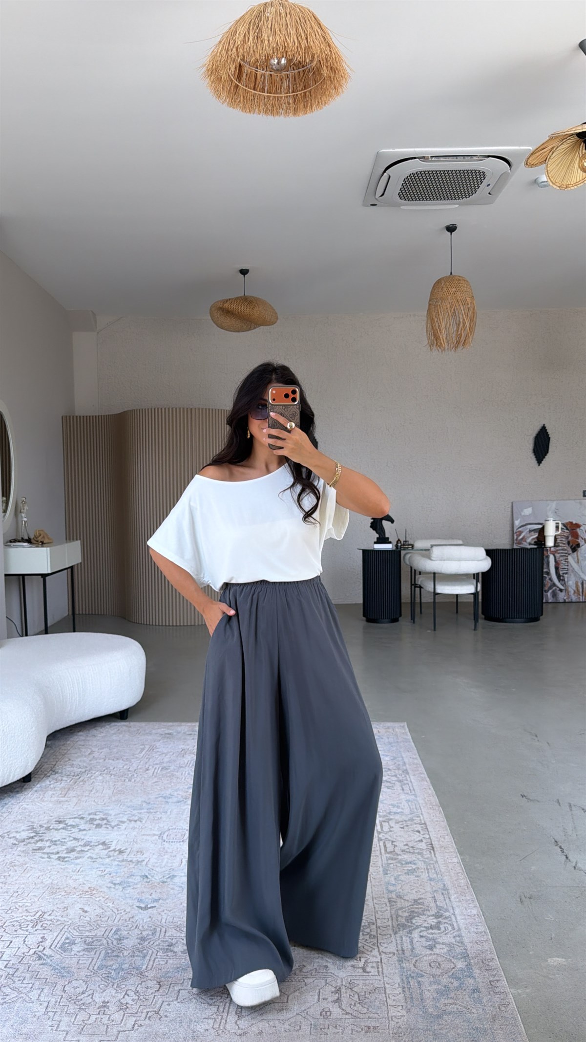 Antrasit Ultra Wide Leg Tensel Pantolon