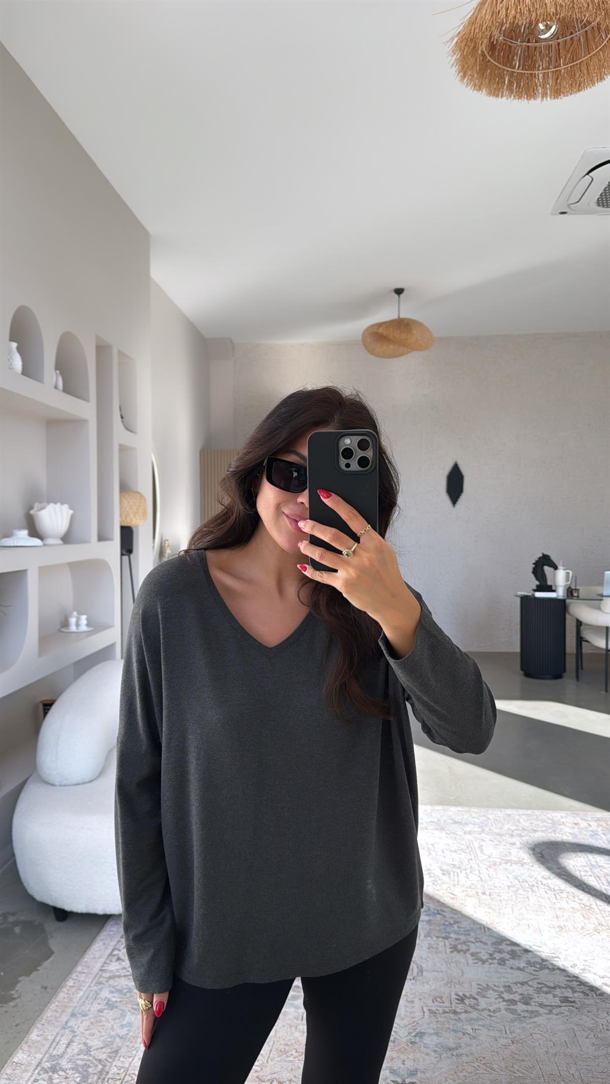 Antrasit V Yaka Basic İnce Triko Bluz