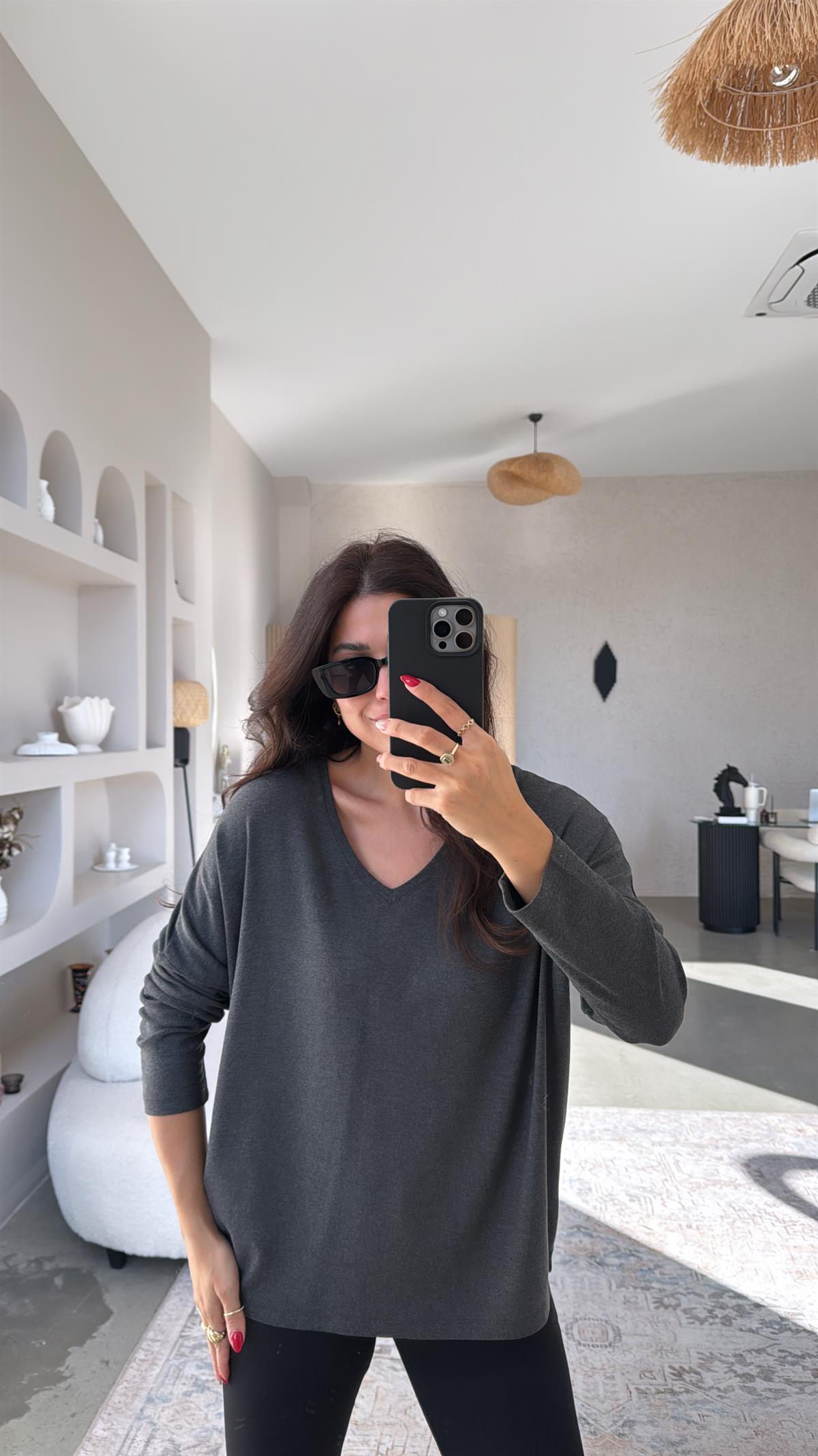Antrasit V Yaka Basic İnce Triko Bluz