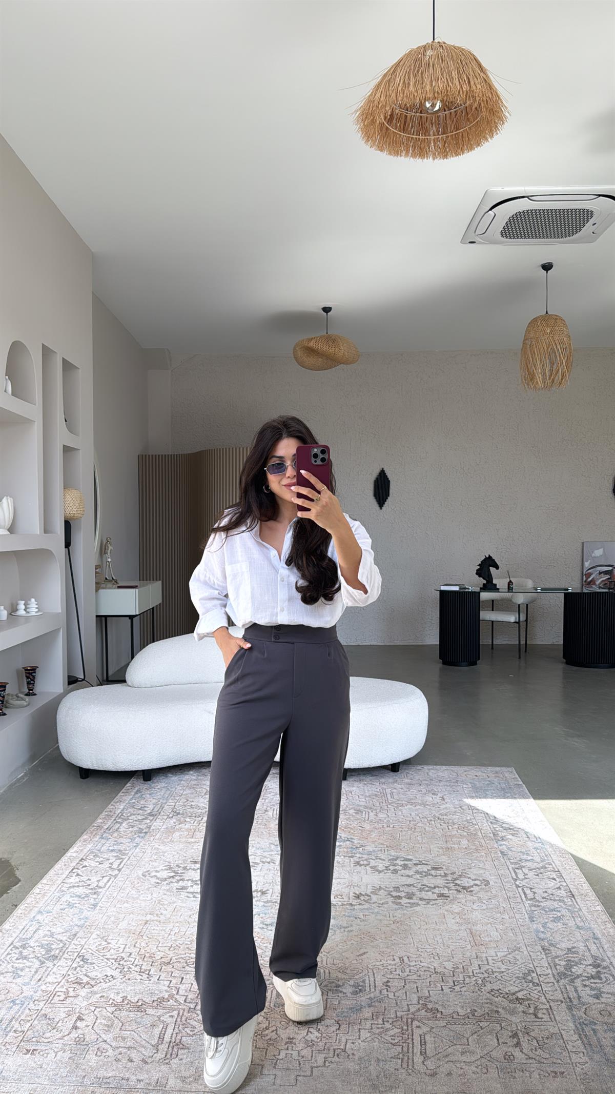 Antrasit Yan Düğmeli Palazzo Pantolon