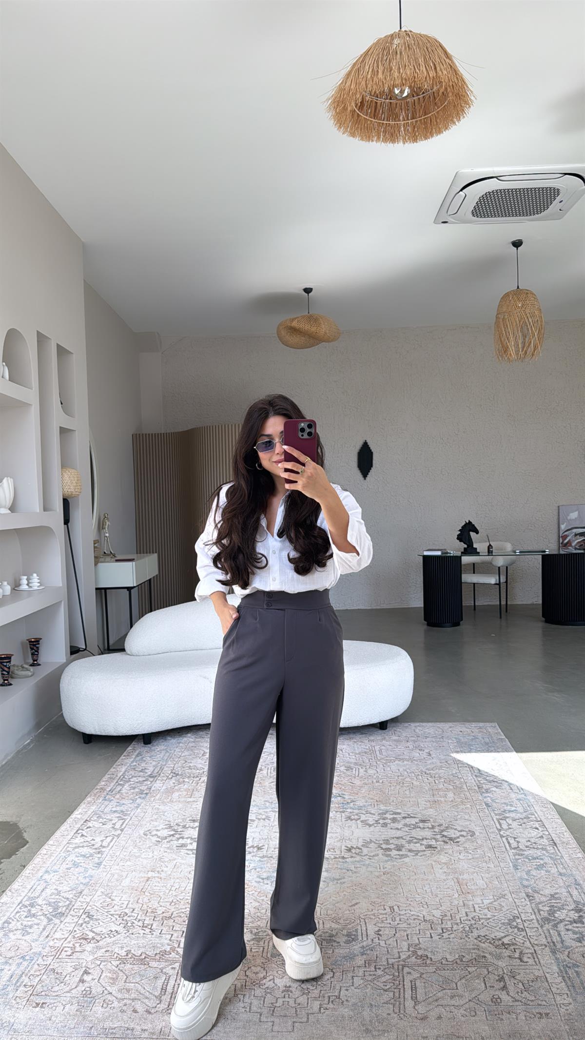 Antrasit Yan Düğmeli Palazzo Pantolon