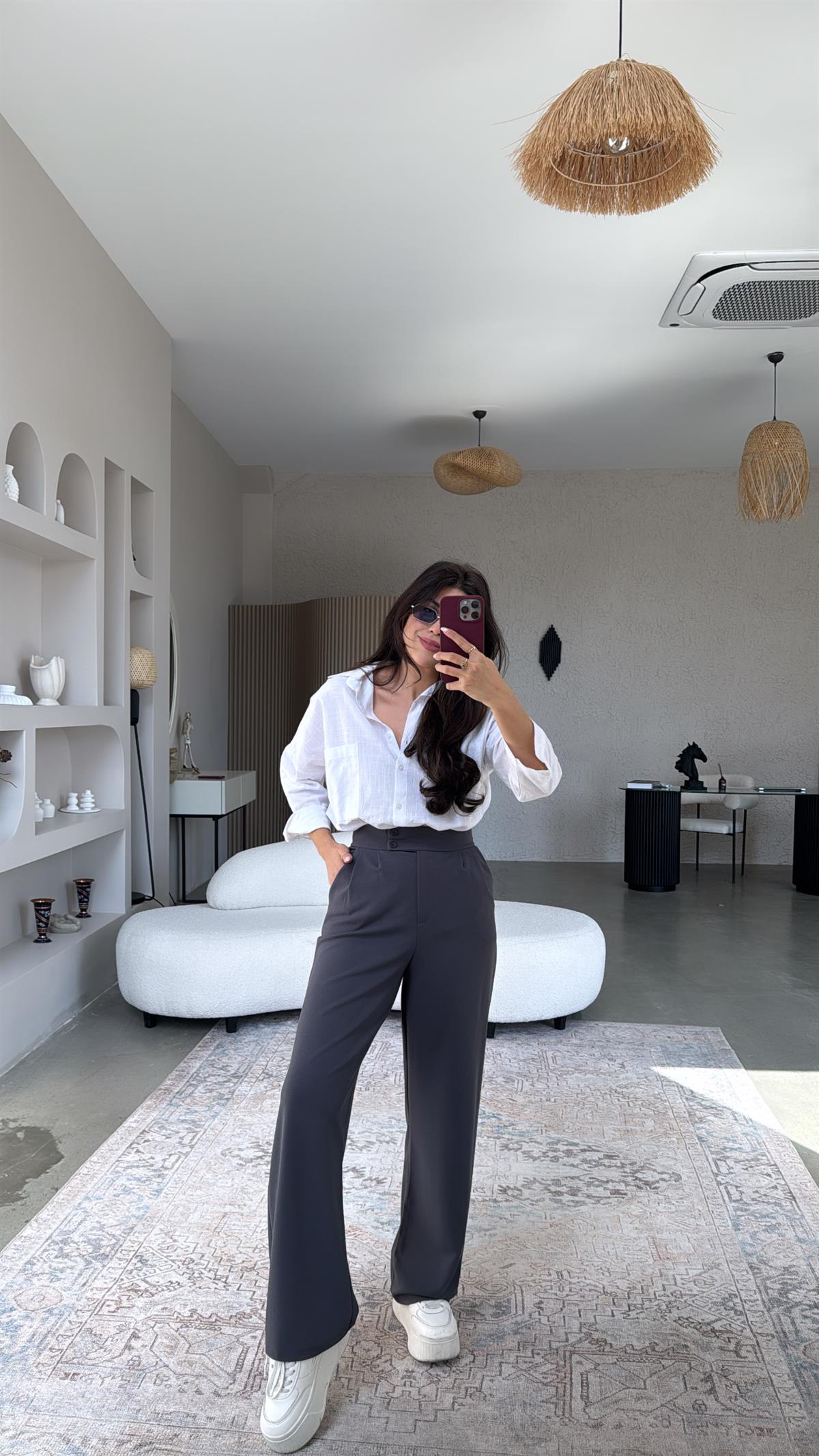 Antrasit Yan Düğmeli Palazzo Pantolon