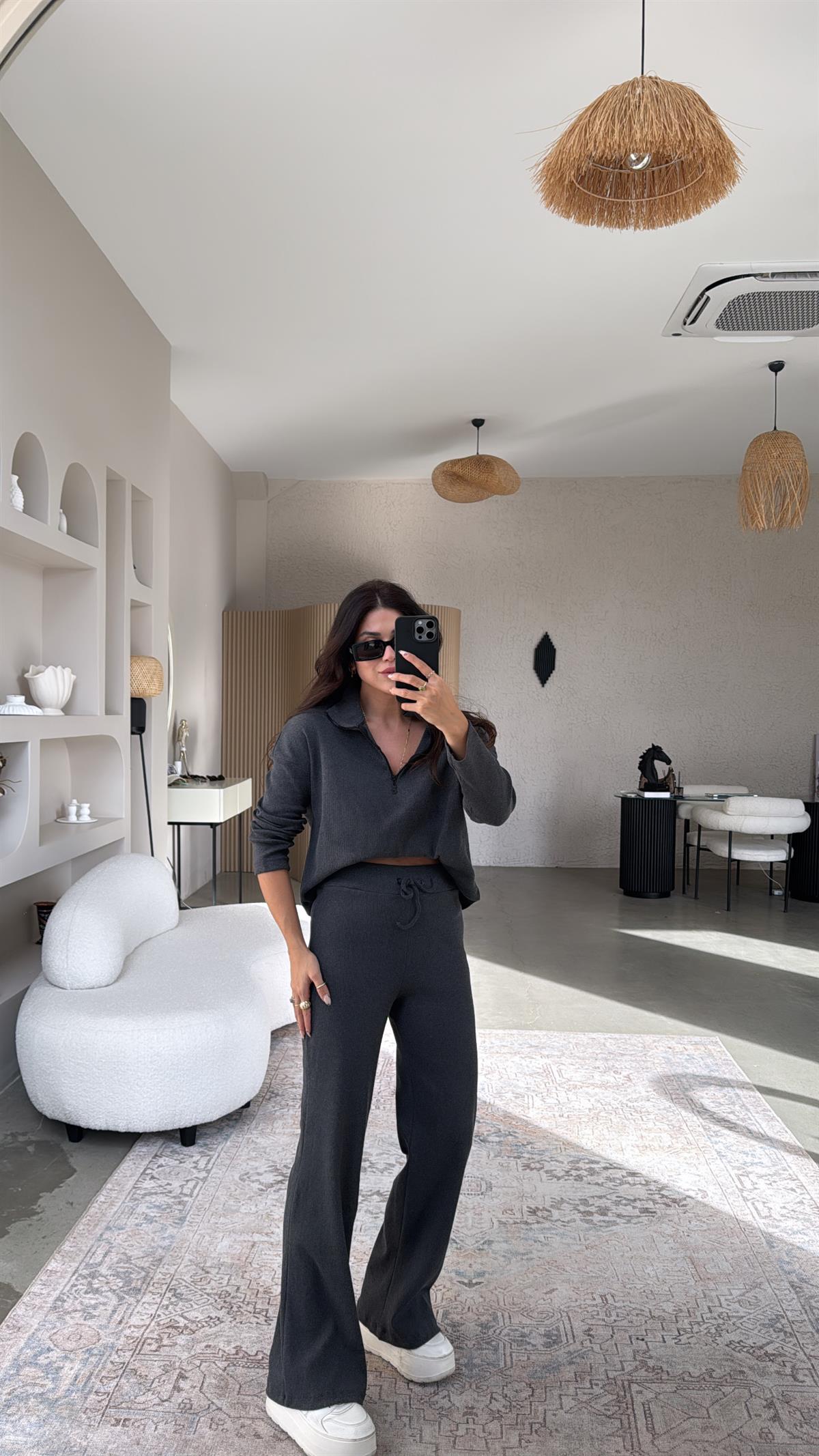 Antrasit Yarım Fermuarlı Fitilli Basic Takım