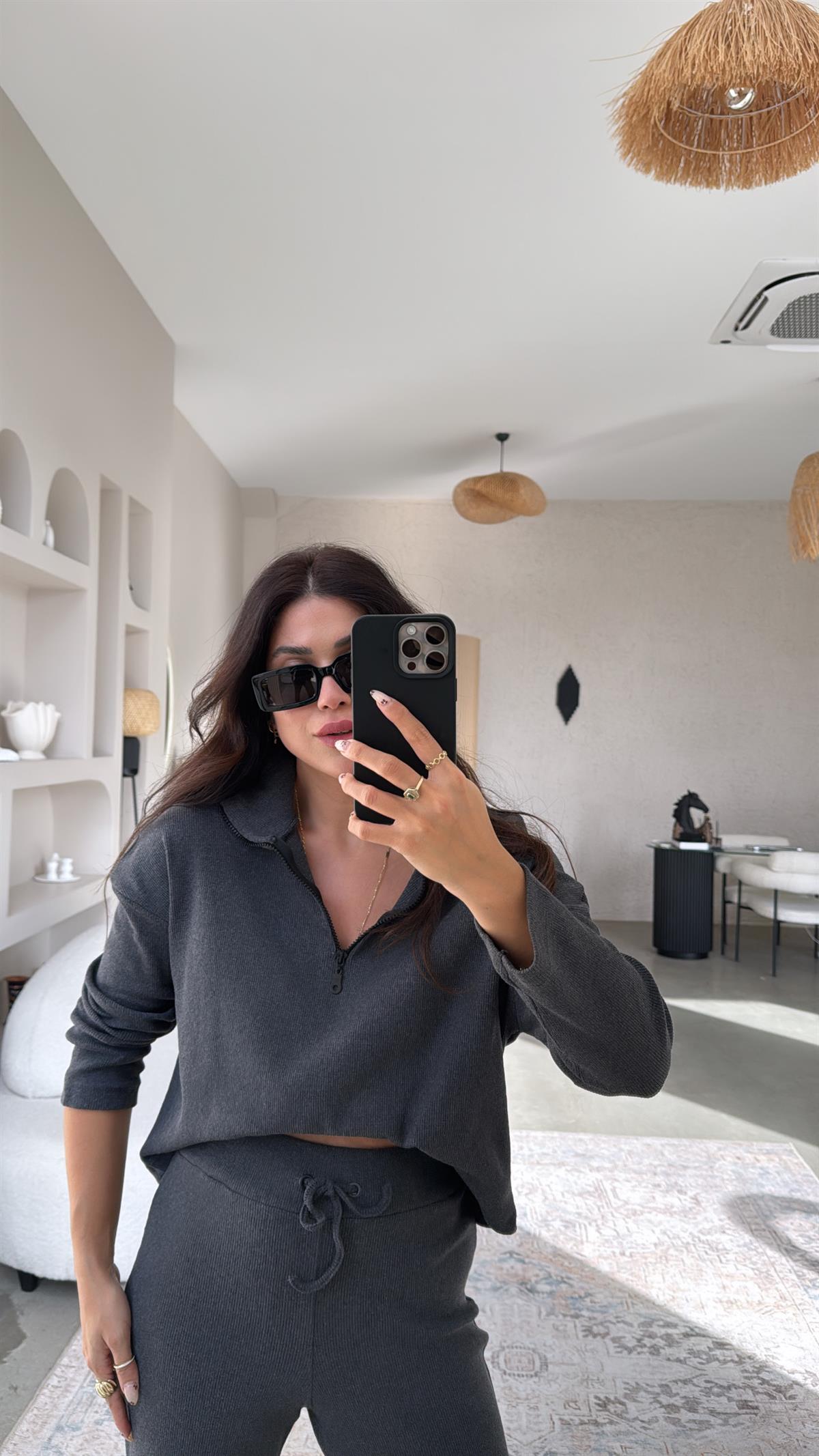 Antrasit Yarım Fermuarlı Fitilli Basic Takım