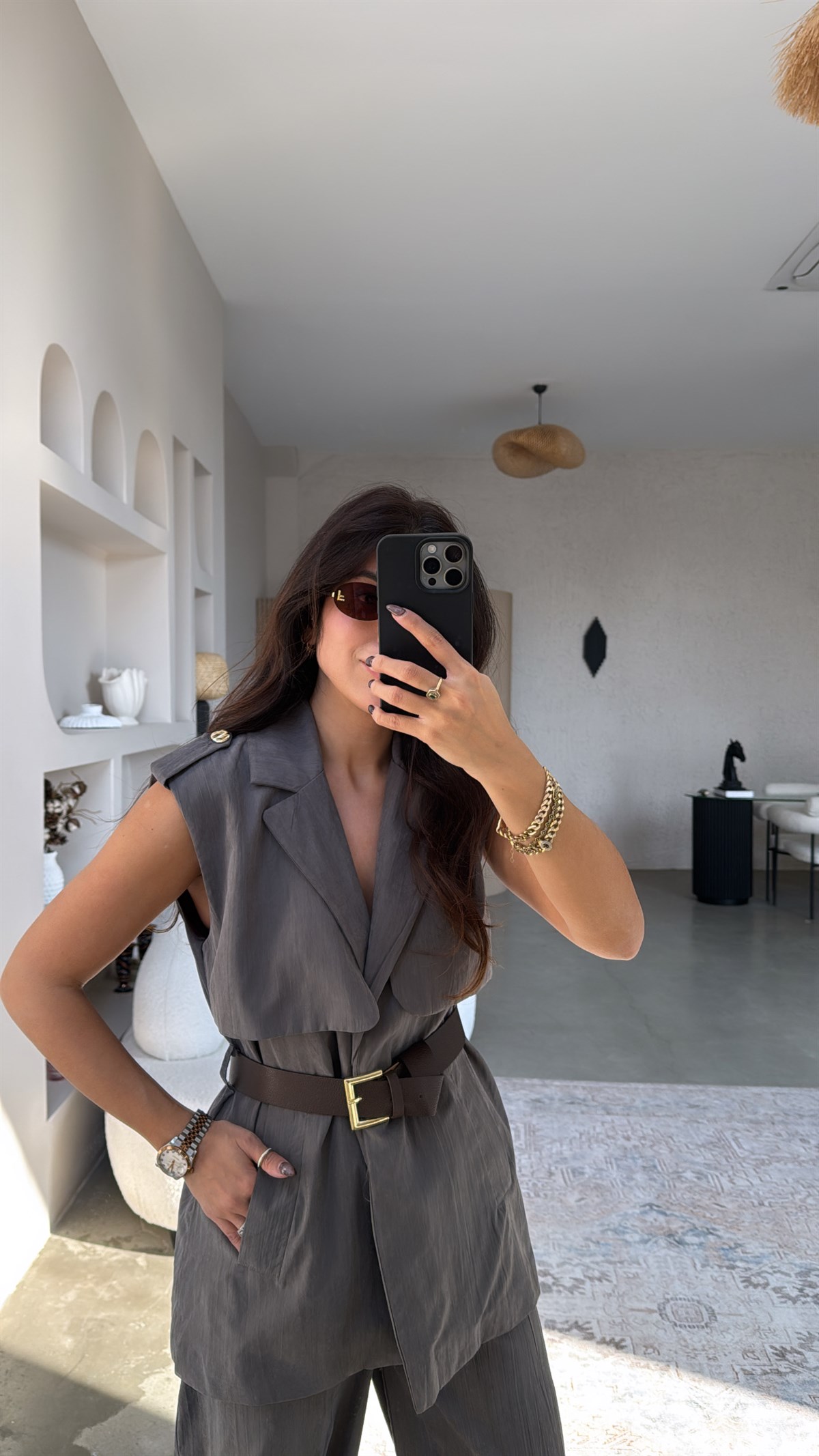 Antrasit Yelekli Kemerli Takım