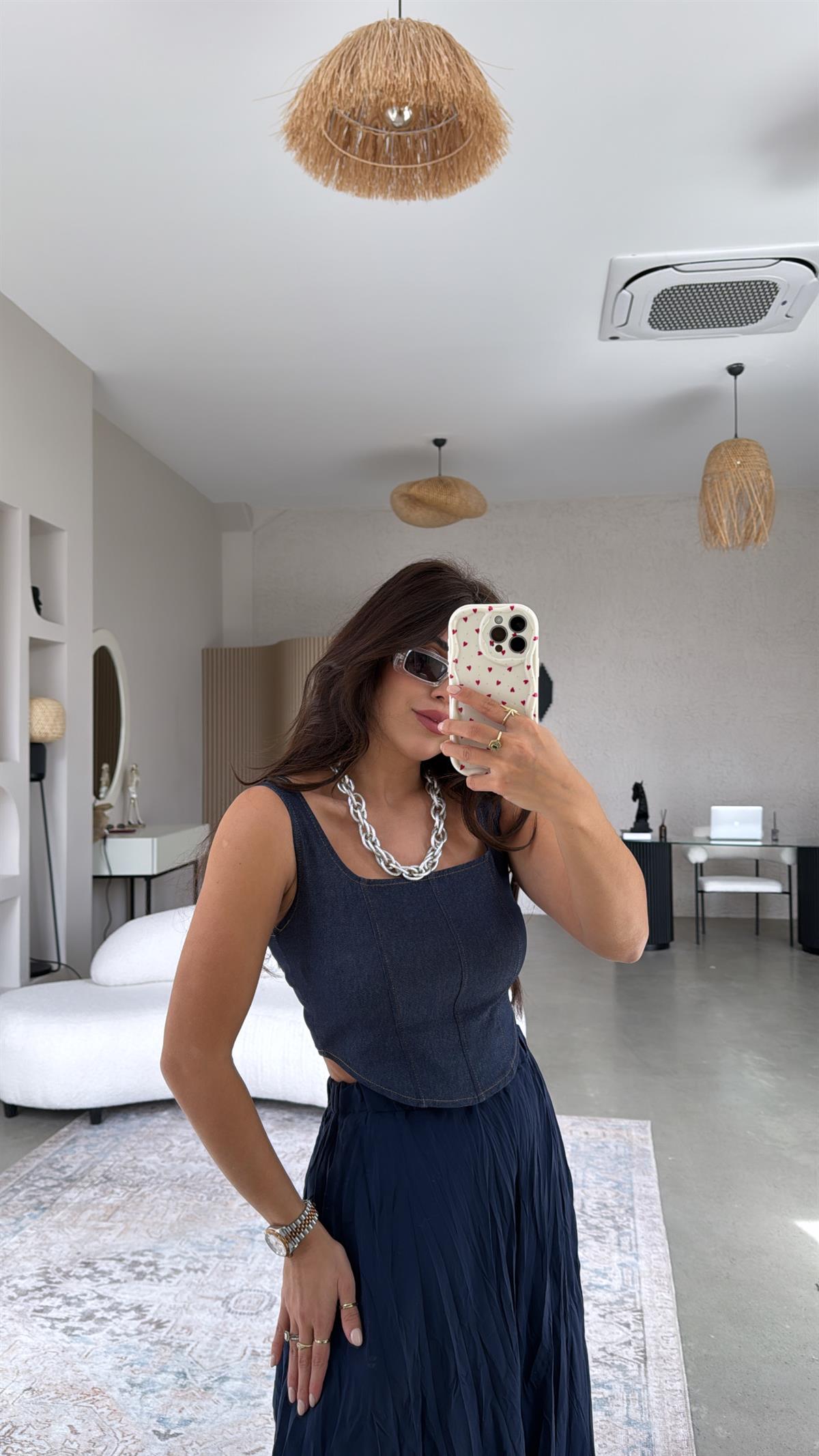 Askılı Kare Yaka Jean Büstiyer