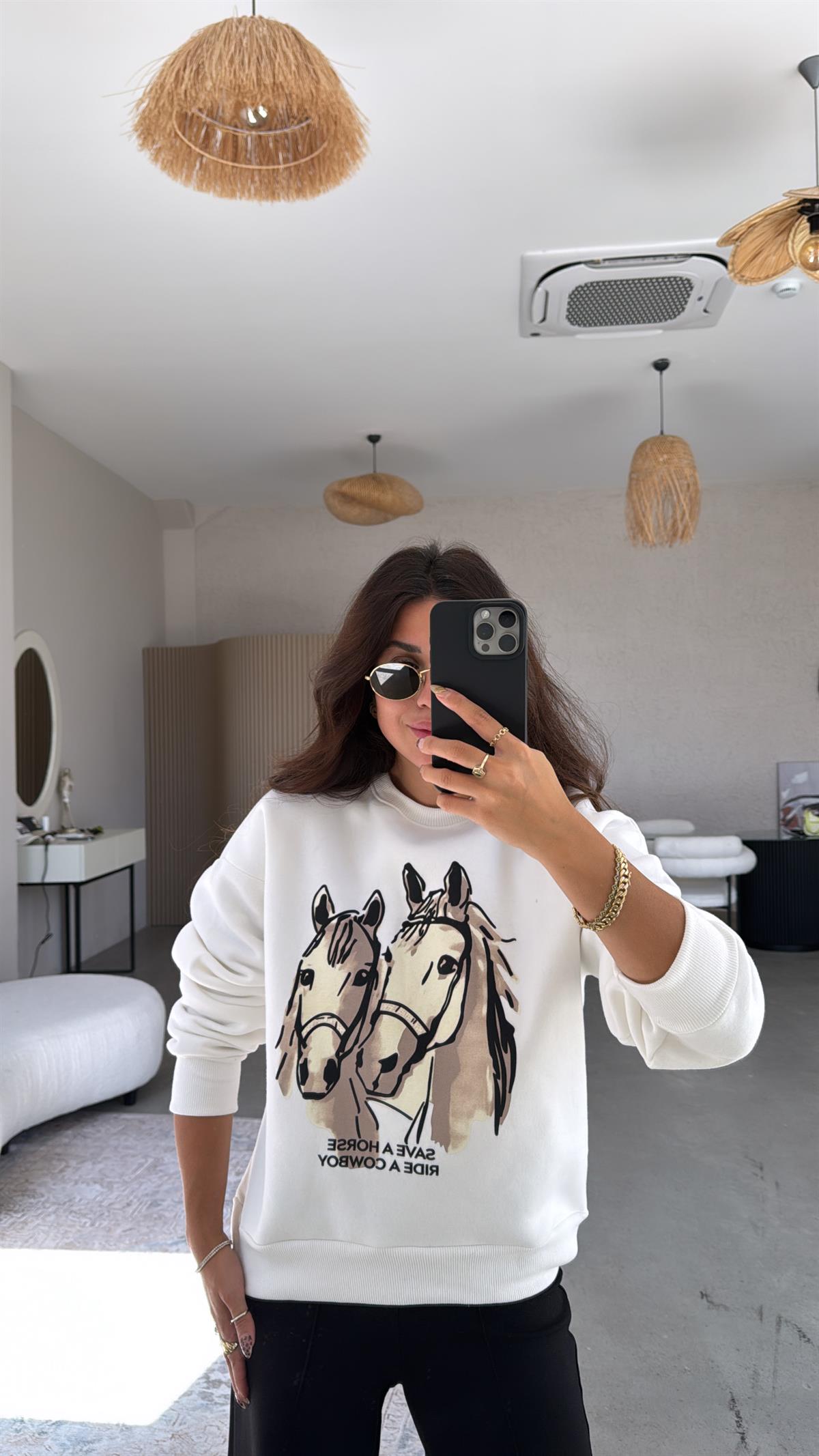 At Baskılı Üç İplik Sweatshirt