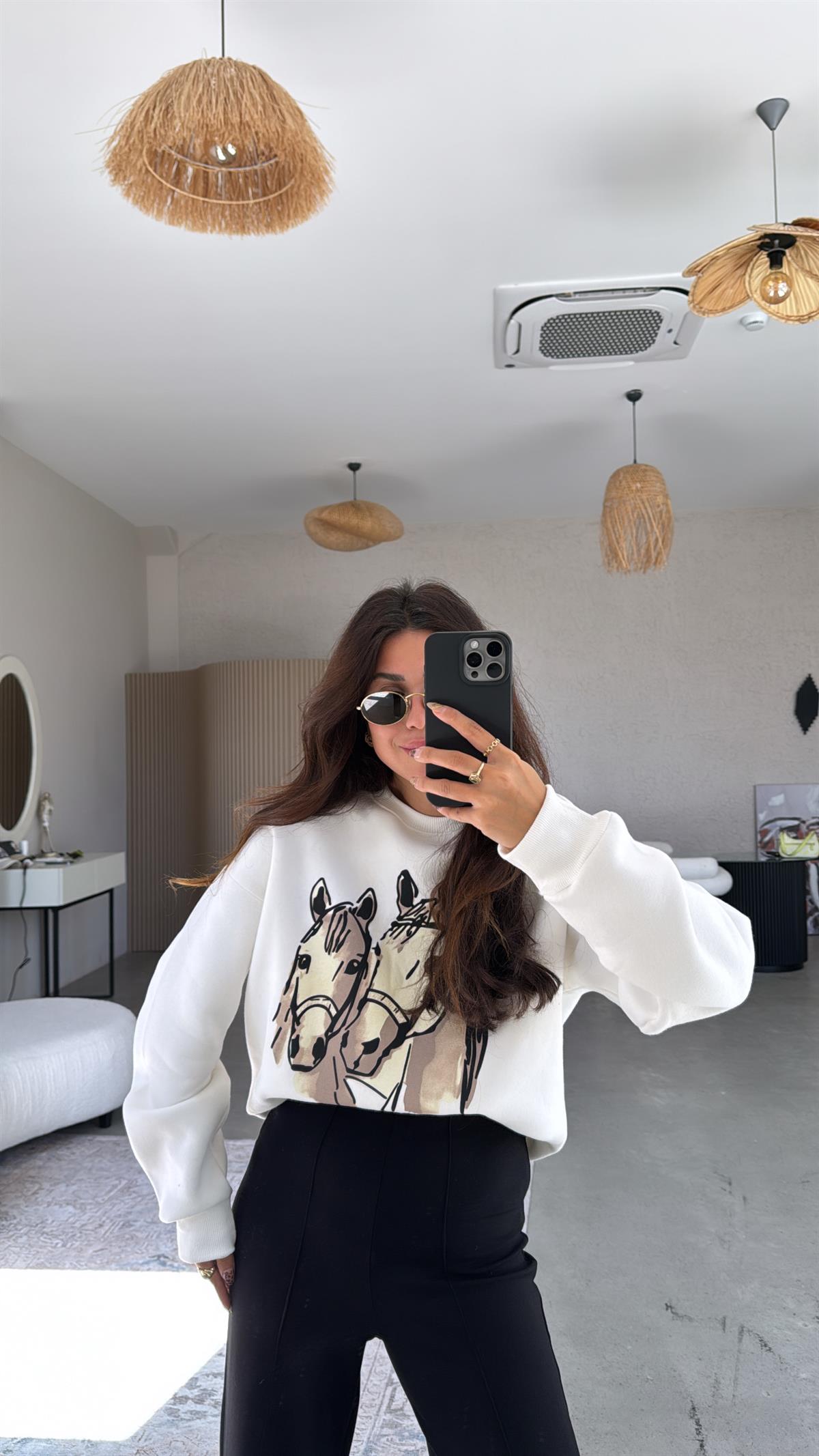 At Baskılı Üç İplik Sweatshirt