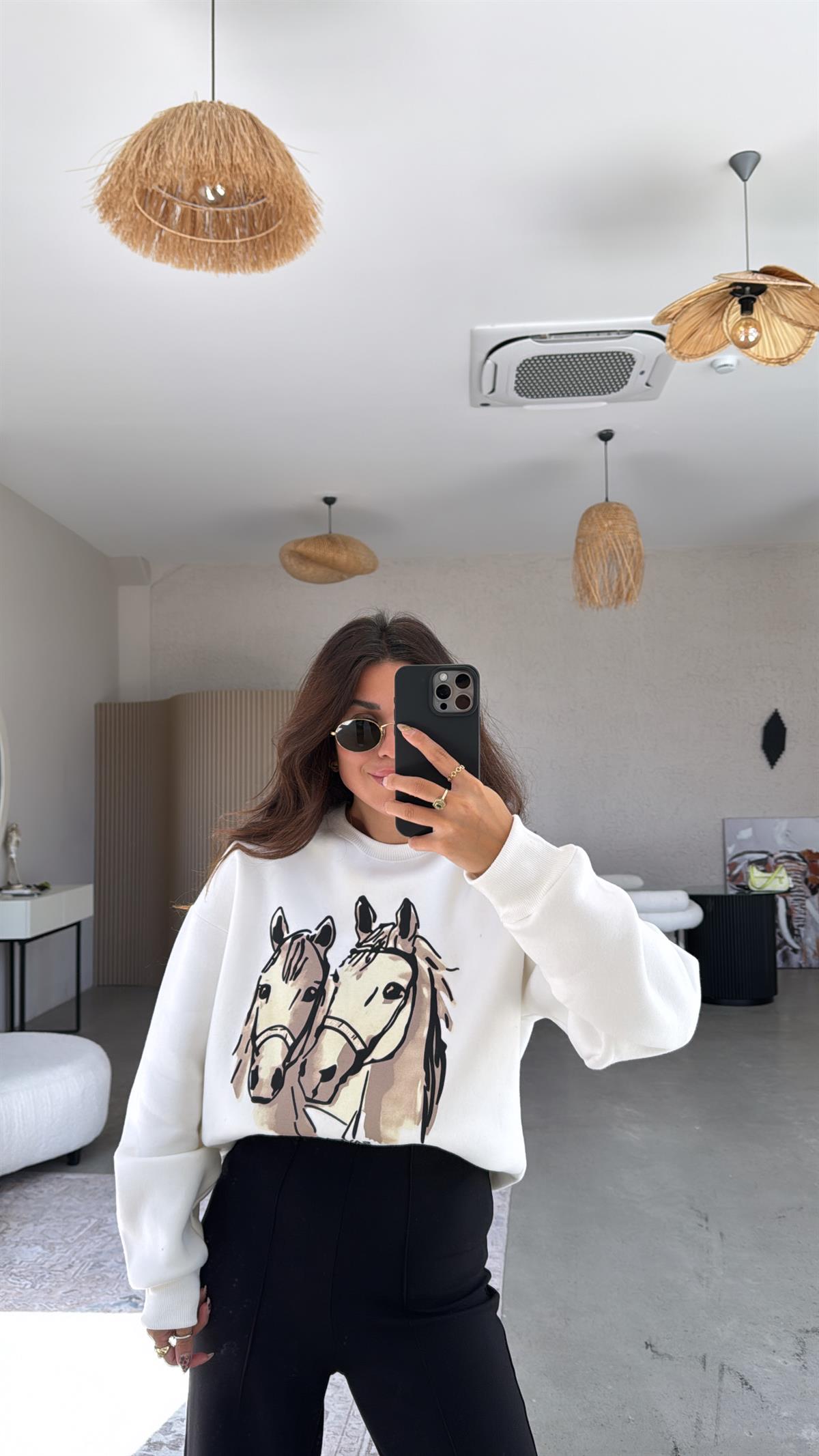 At Baskılı Üç İplik Sweatshirt