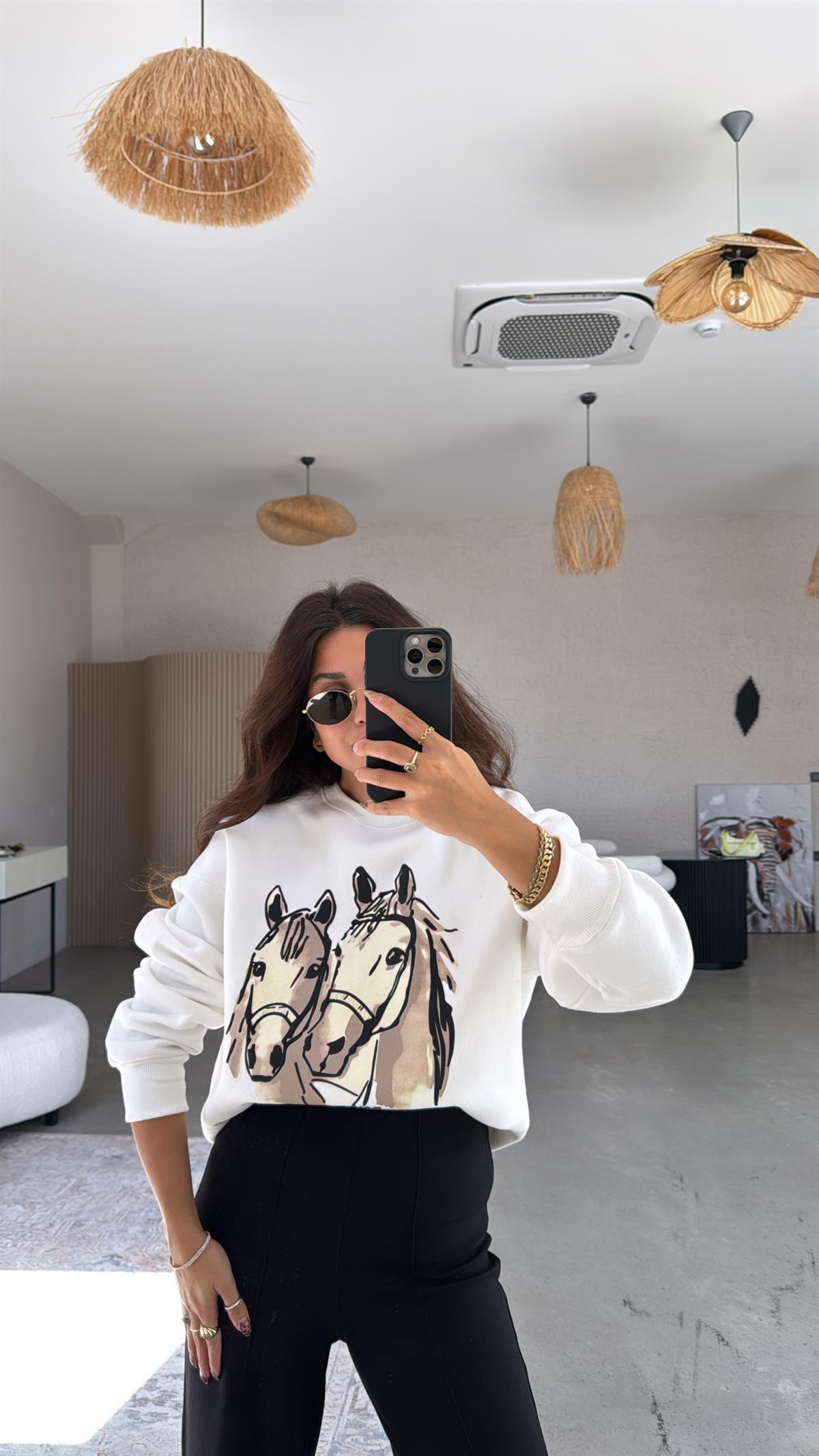 At Baskılı Üç İplik Sweatshirt