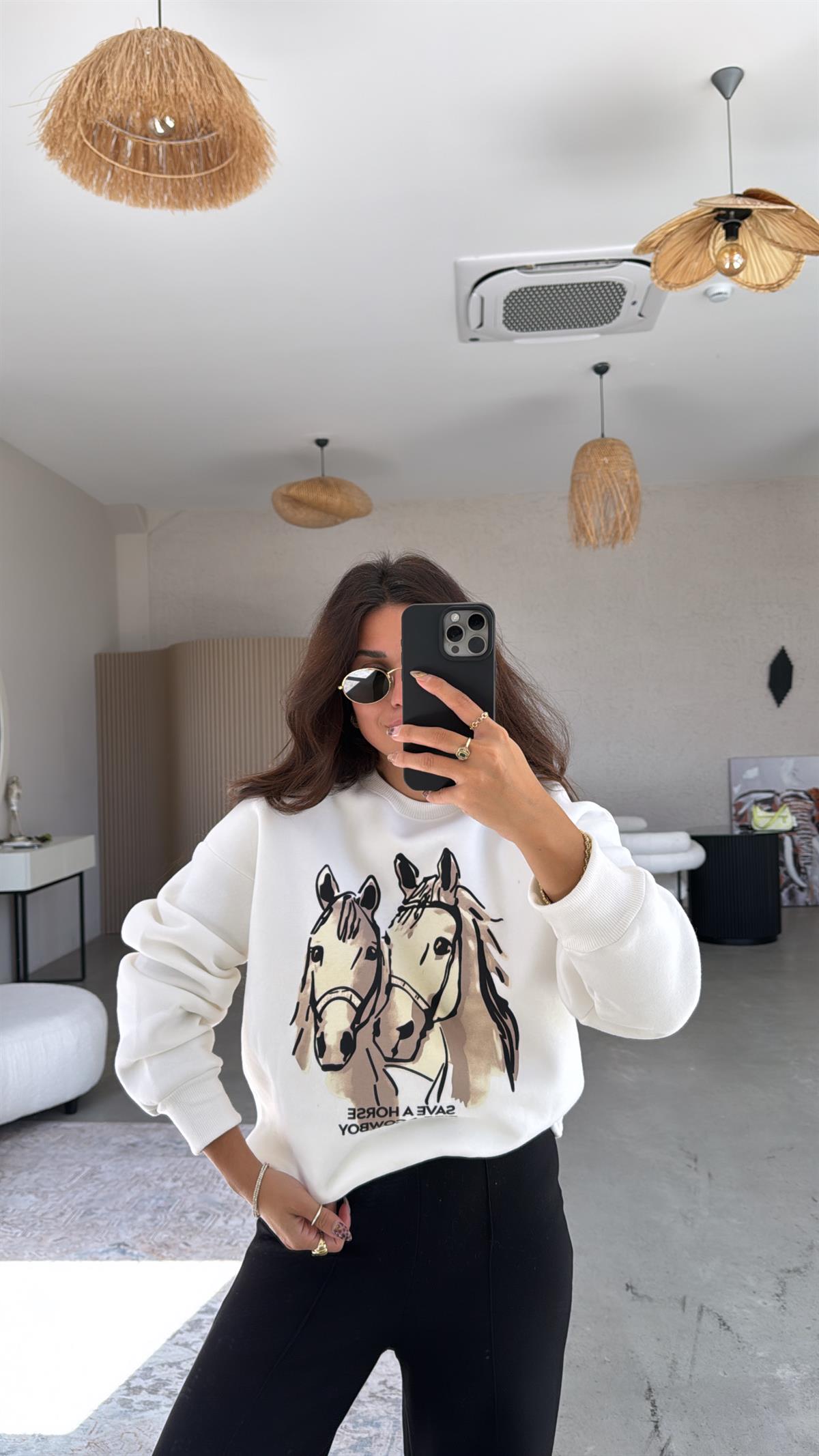 At Baskılı Üç İplik Sweatshirt