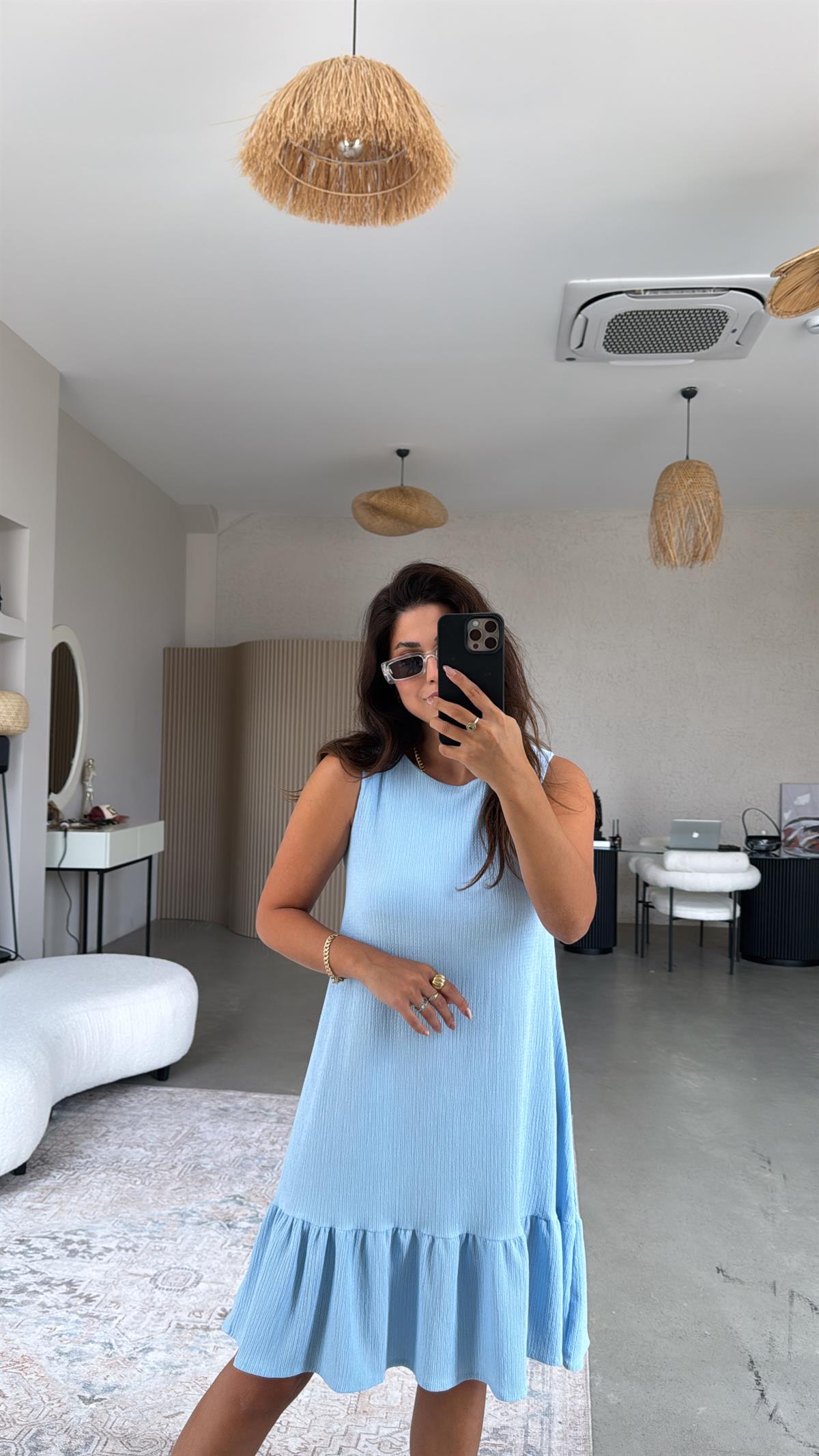 Bebe Mavi Altı Volanlı Bürümcük Elbise
