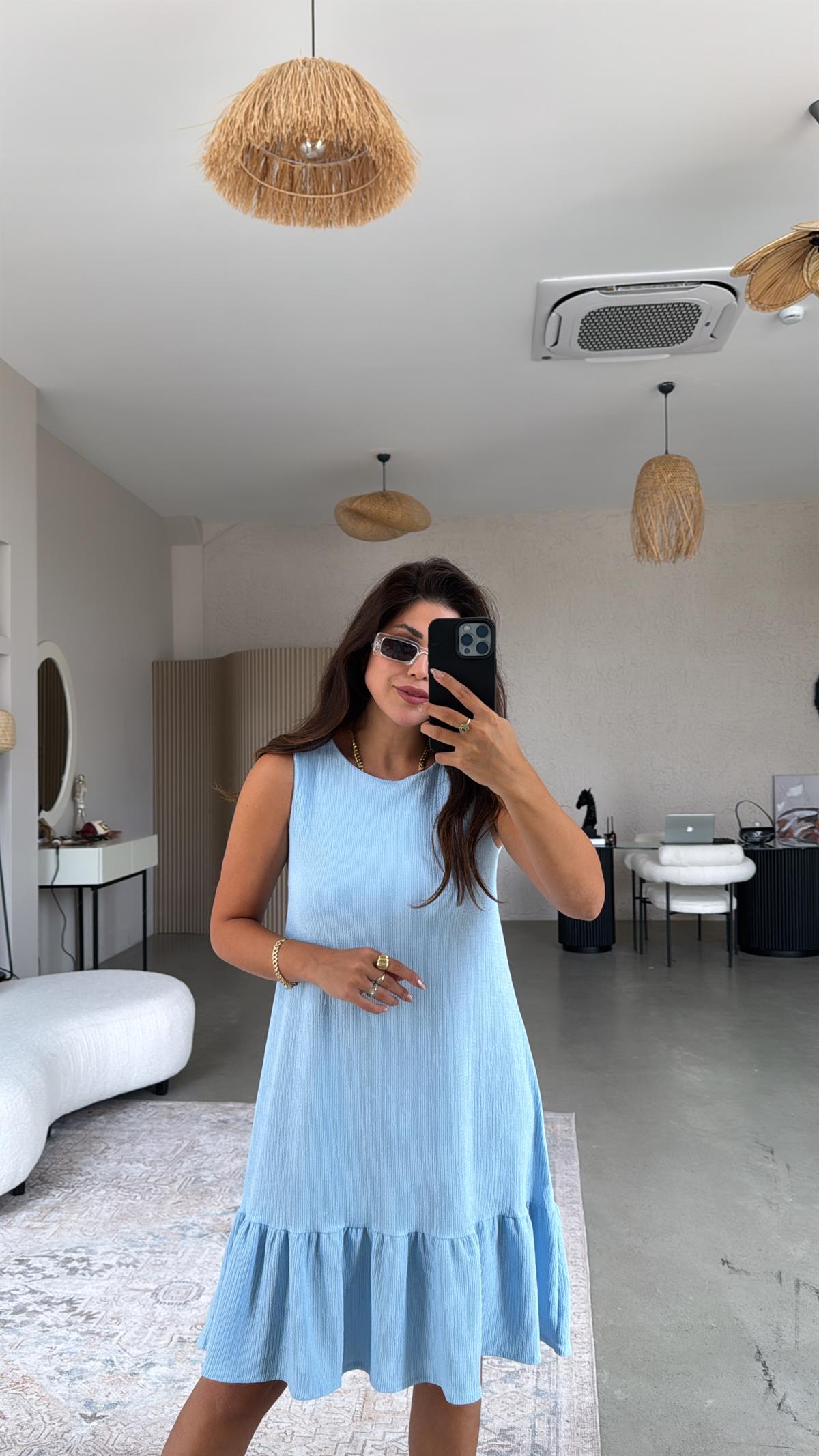 Bebe Mavi Altı Volanlı Bürümcük Elbise