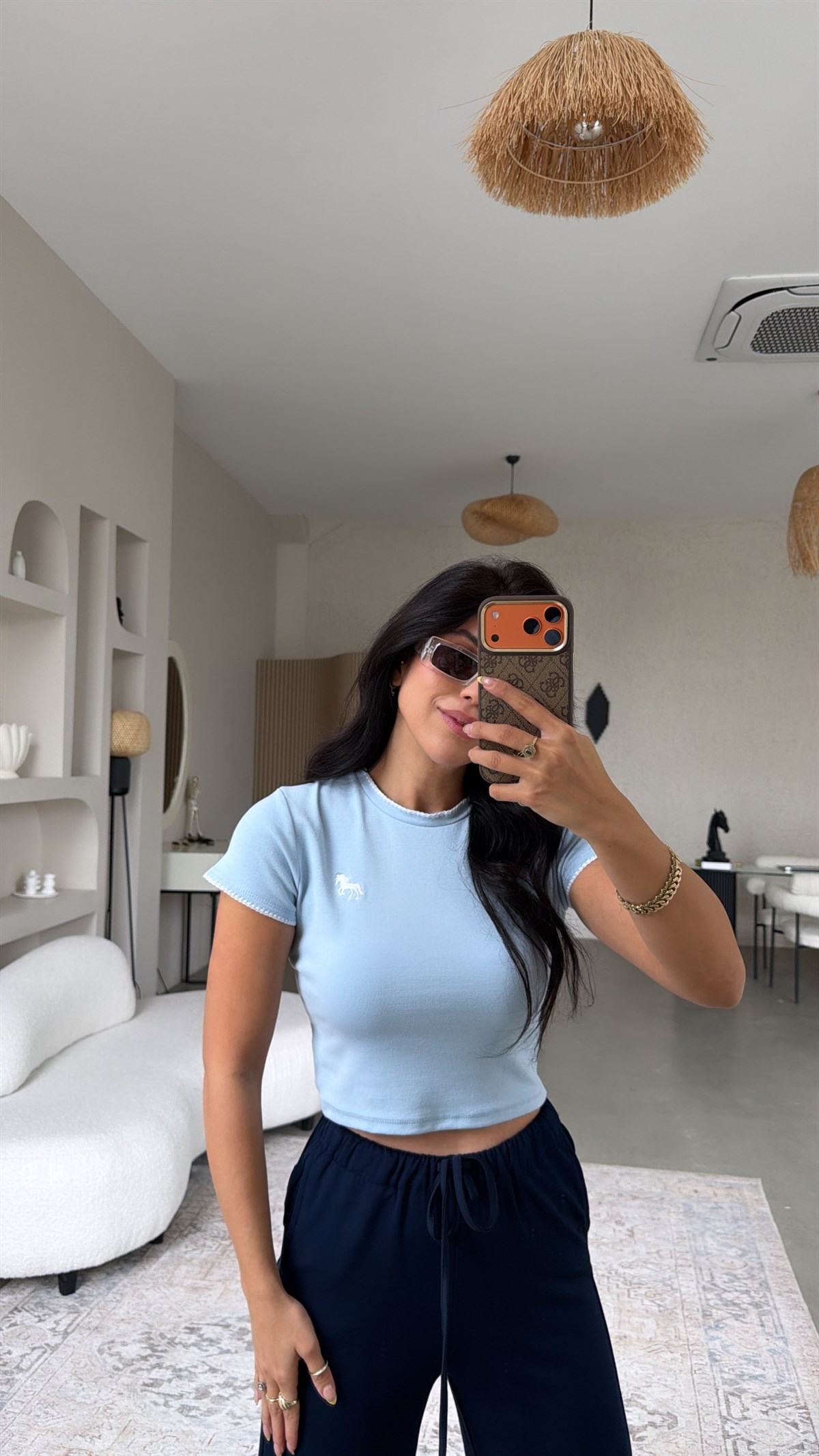 Bebe Mavi At Nakışlı Pamuk Crop Tshirt