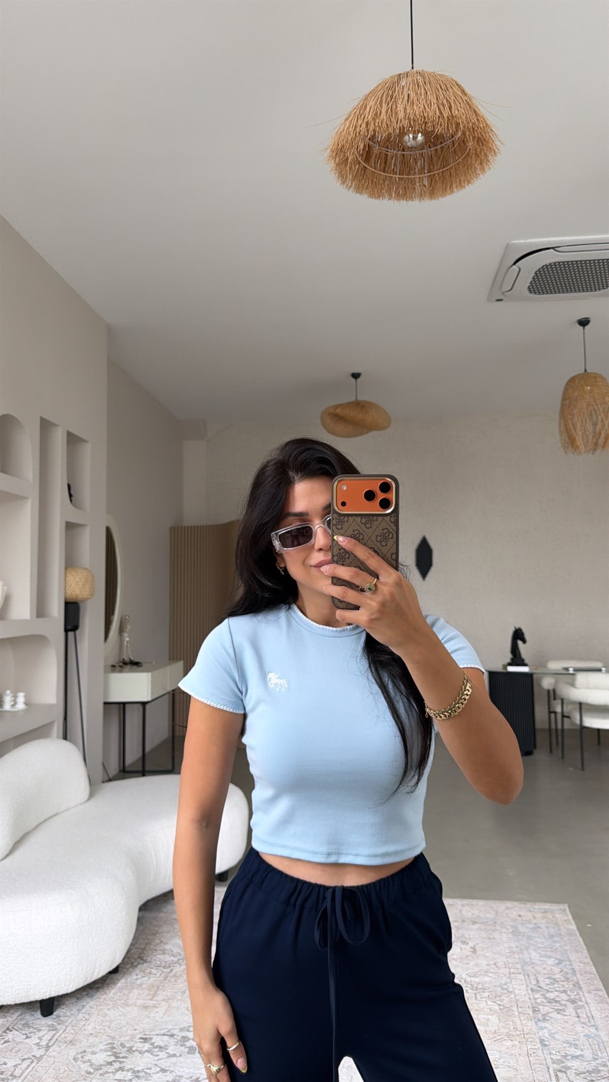 Bebe Mavi At Nakışlı Pamuk Crop Tshirt