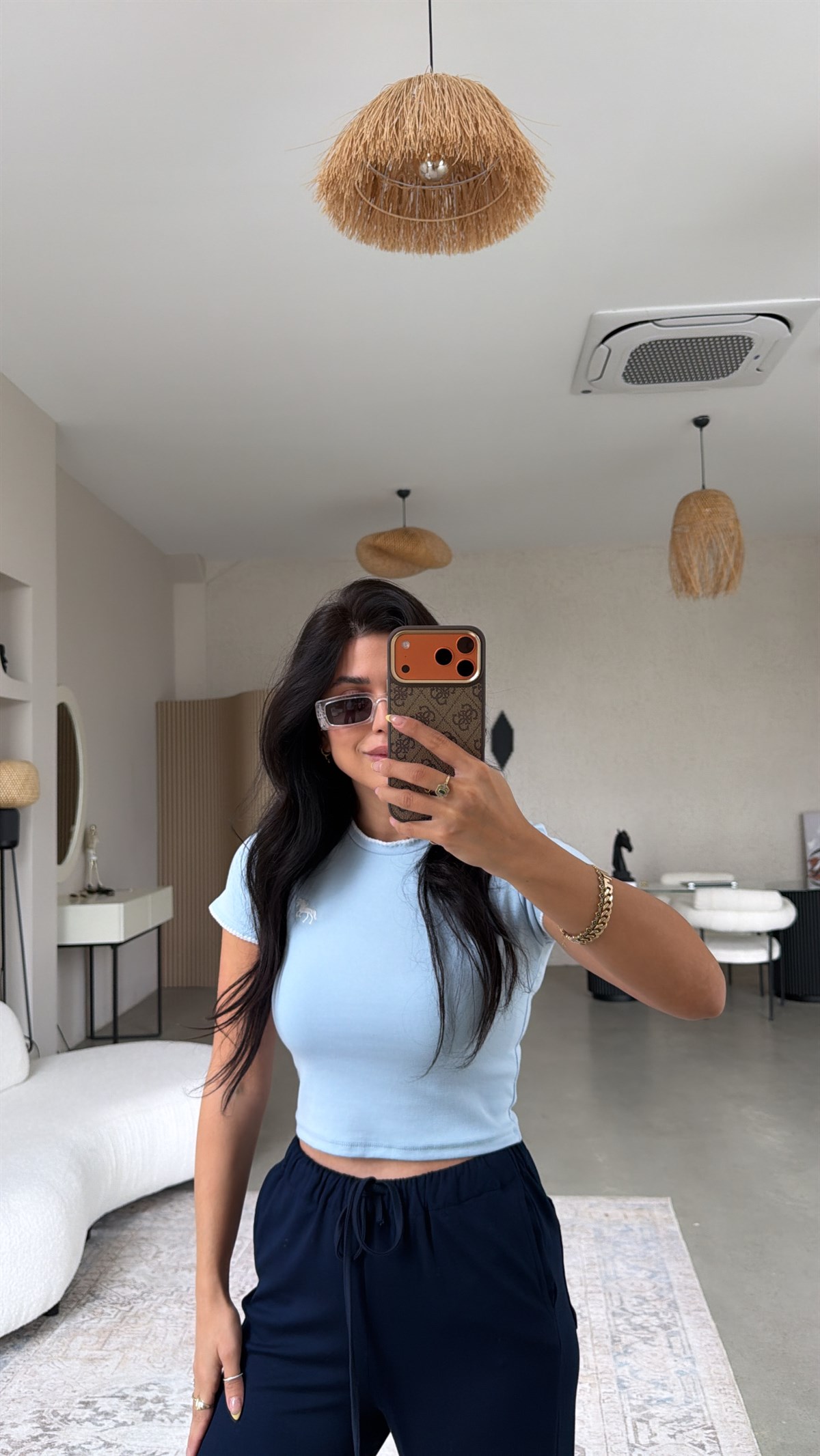 Bebe Mavi At Nakışlı Pamuk Crop Tshirt