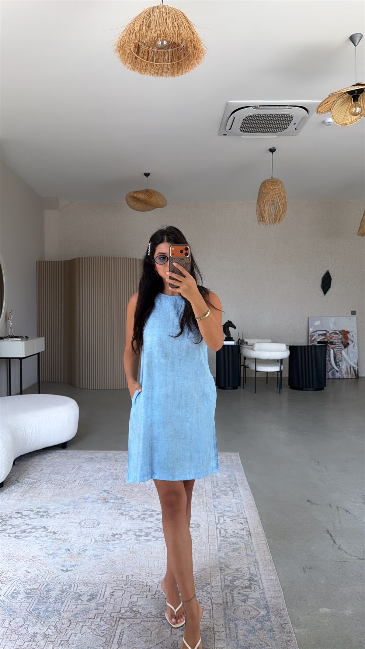 Bebe Mavi Basic Yıkamalı Kumaşlı Elbise