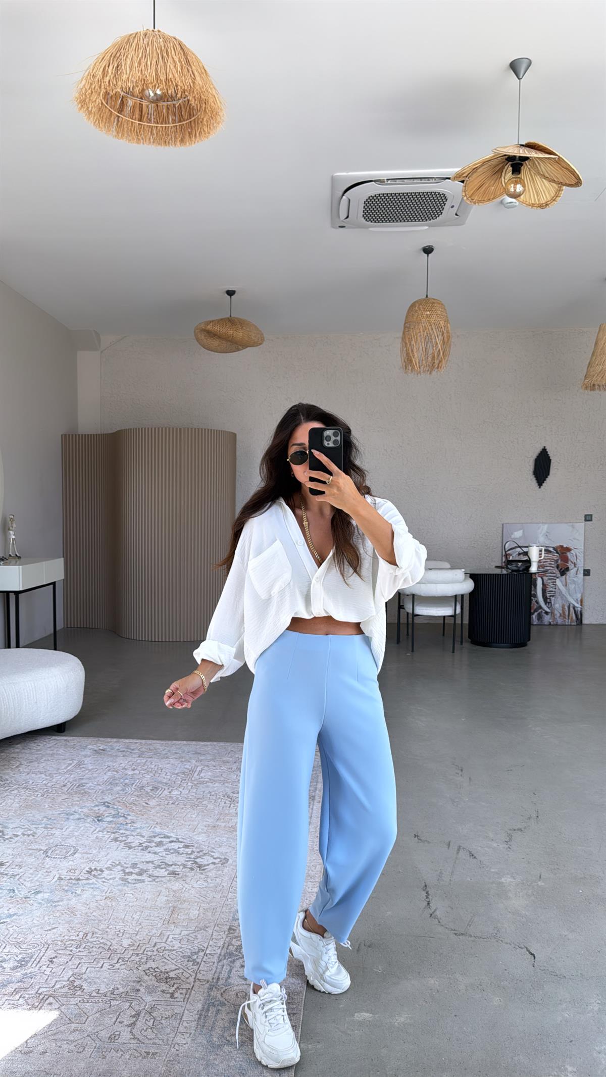 Bebe Mavi Beli Lastikli Balon Kumaş Pantolon