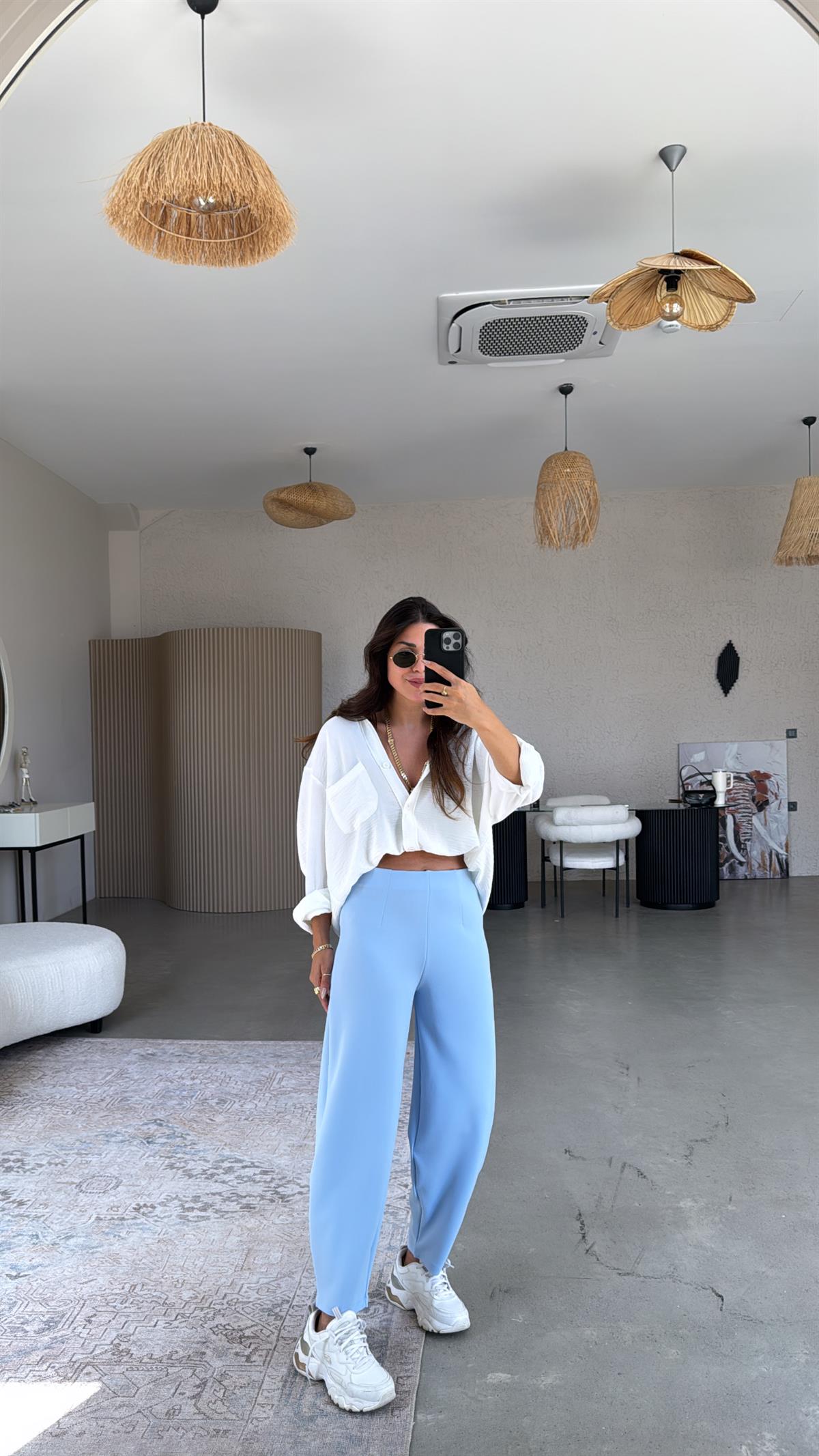 Bebe Mavi Beli Lastikli Balon Kumaş Pantolon