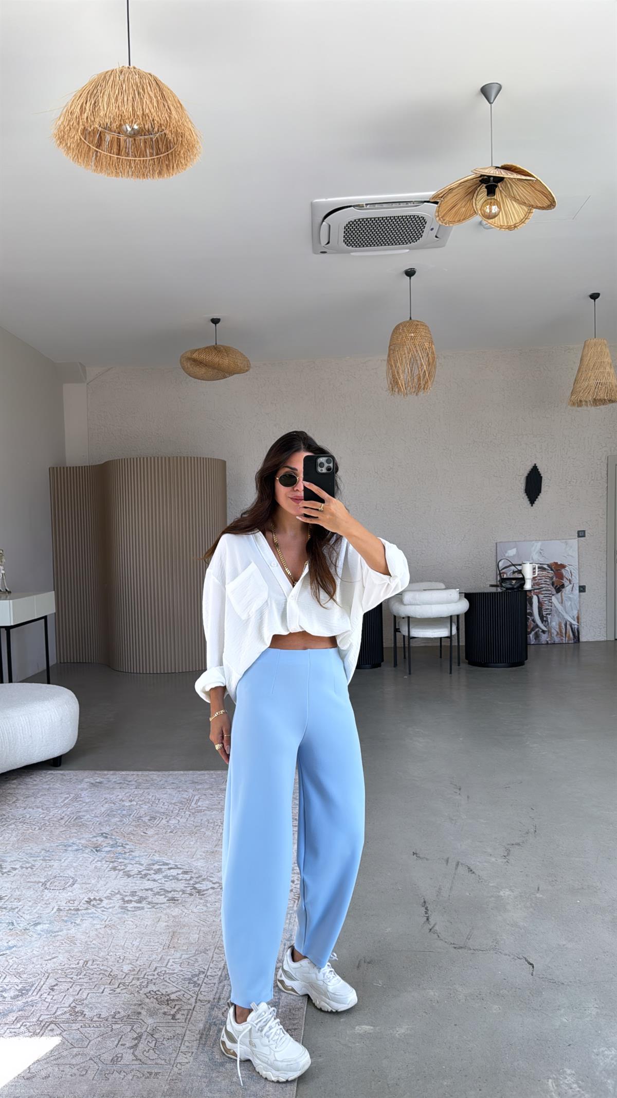 Bebe Mavi Beli Lastikli Balon Kumaş Pantolon