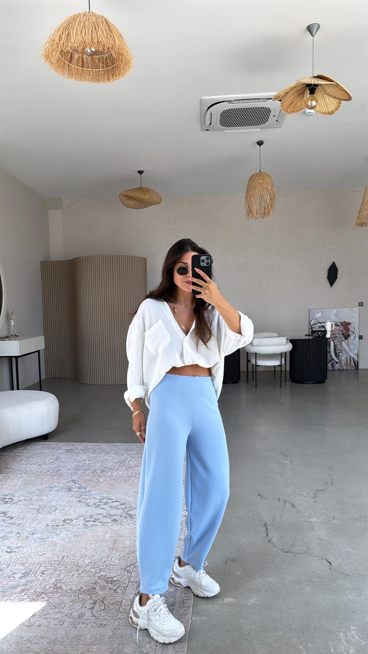 Bebe Mavi Beli Lastikli Balon Kumaş Pantolon