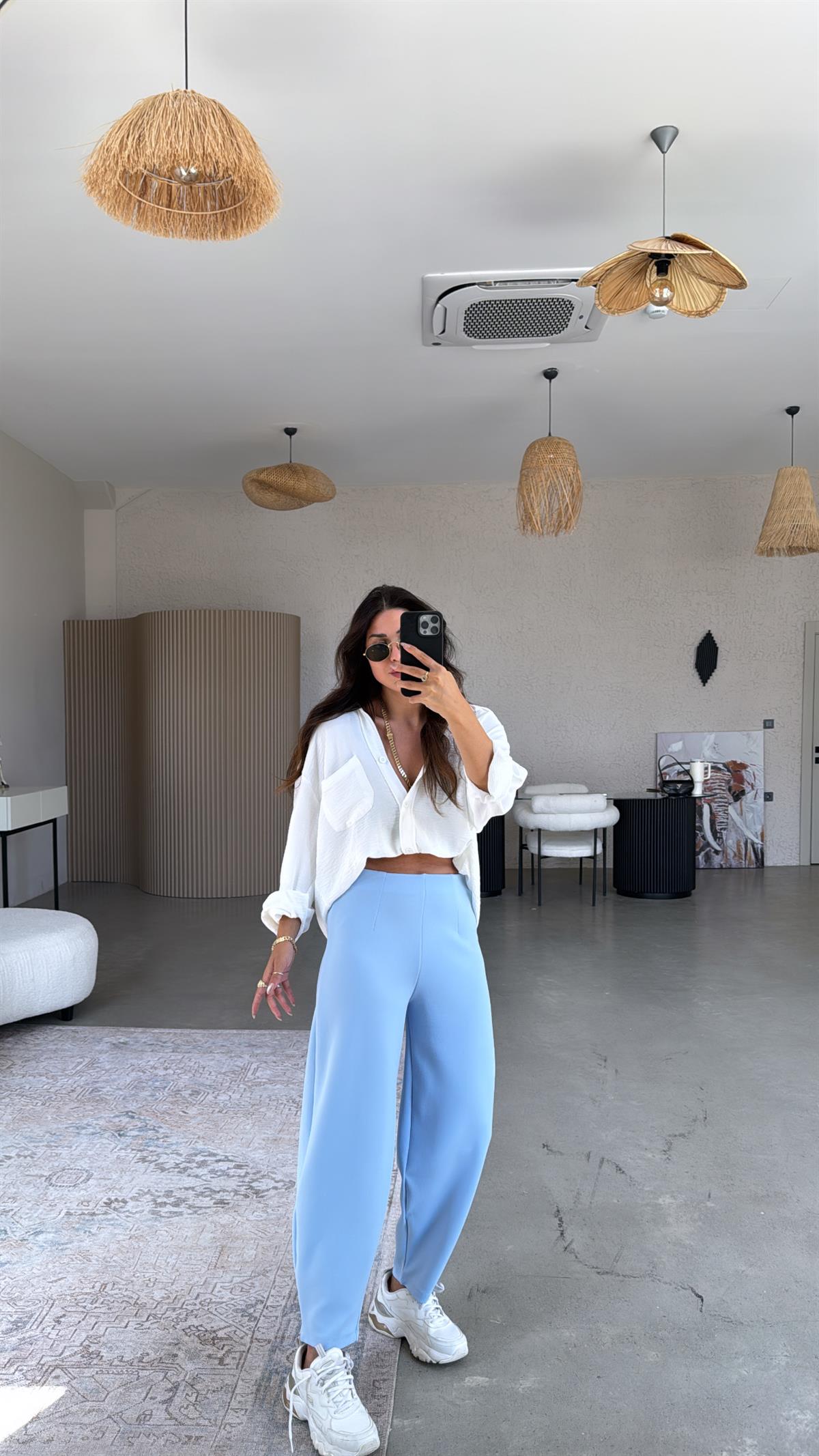 Bebe Mavi Beli Lastikli Balon Kumaş Pantolon