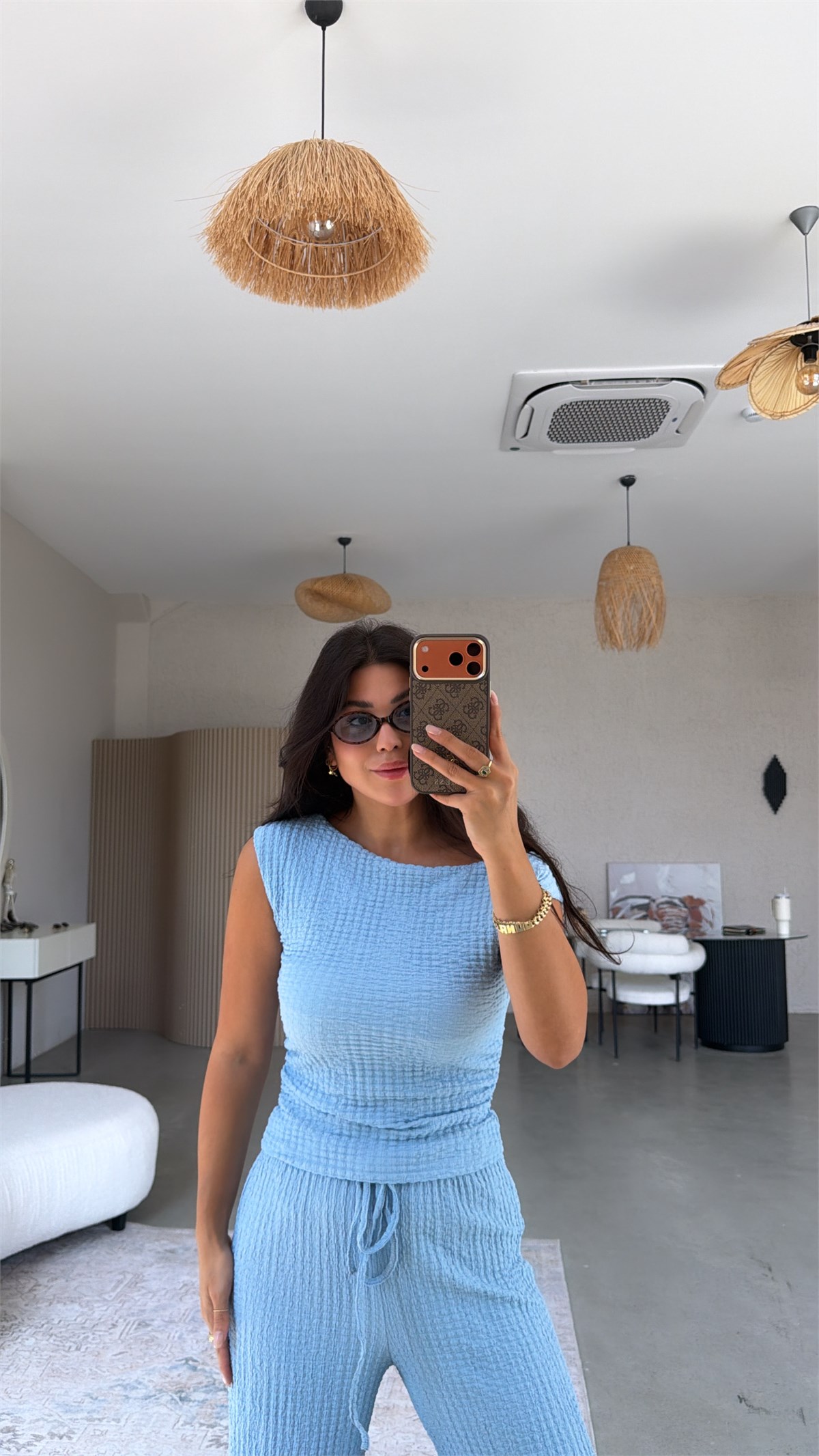 Bebe Mavi Bubble Omzu Düşük Bluz Pantolon Takım