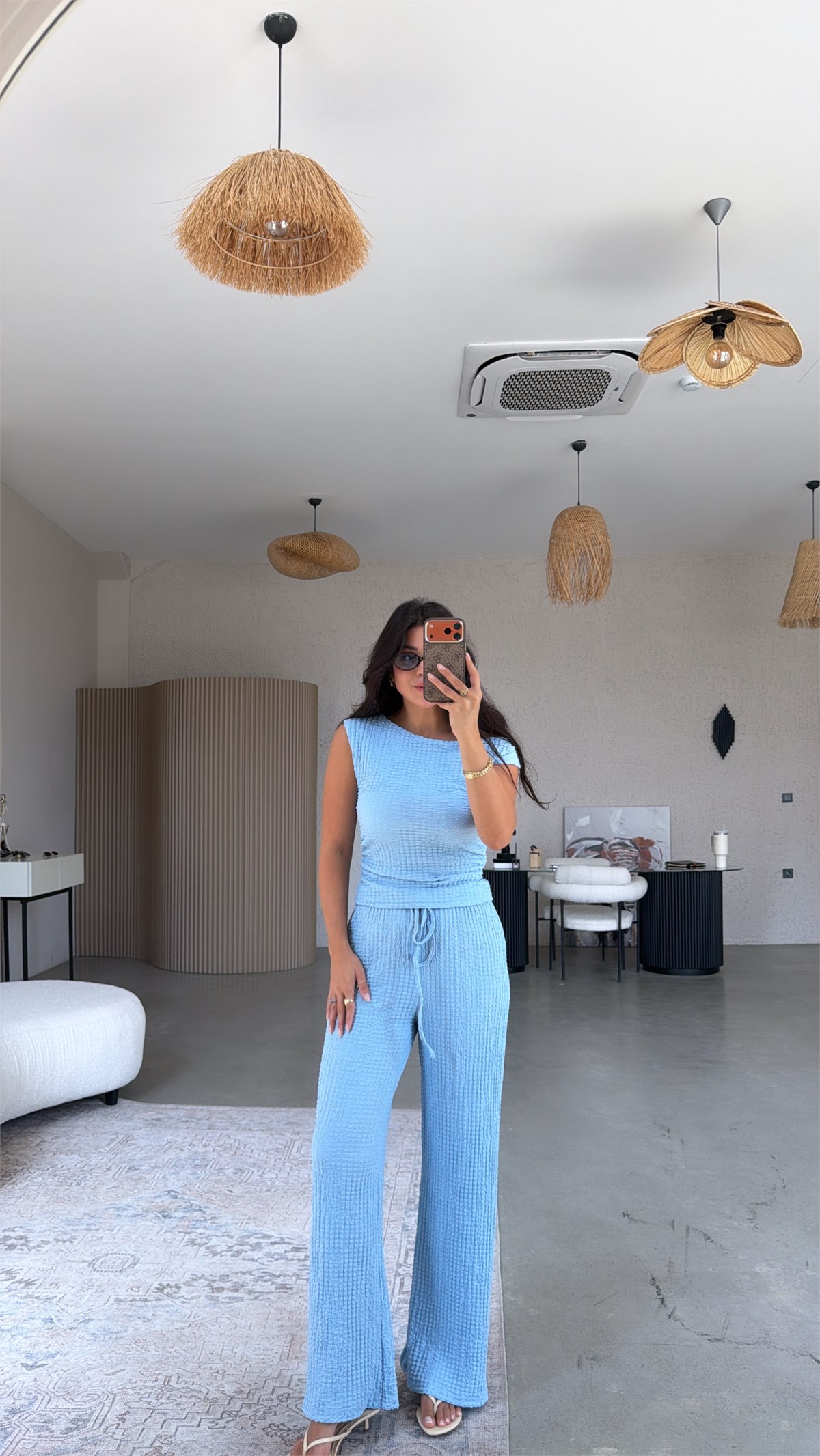 Bebe Mavi Bubble Omzu Düşük Bluz Pantolon Takım