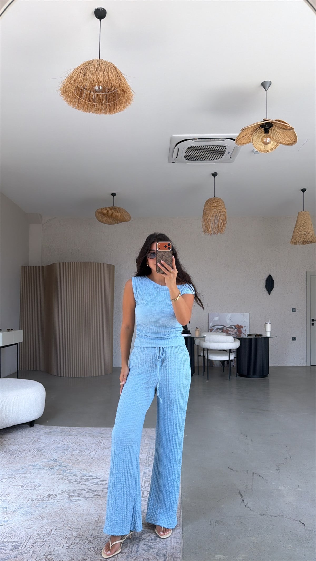 Bebe Mavi Bubble Omzu Düşük Bluz Pantolon Takım