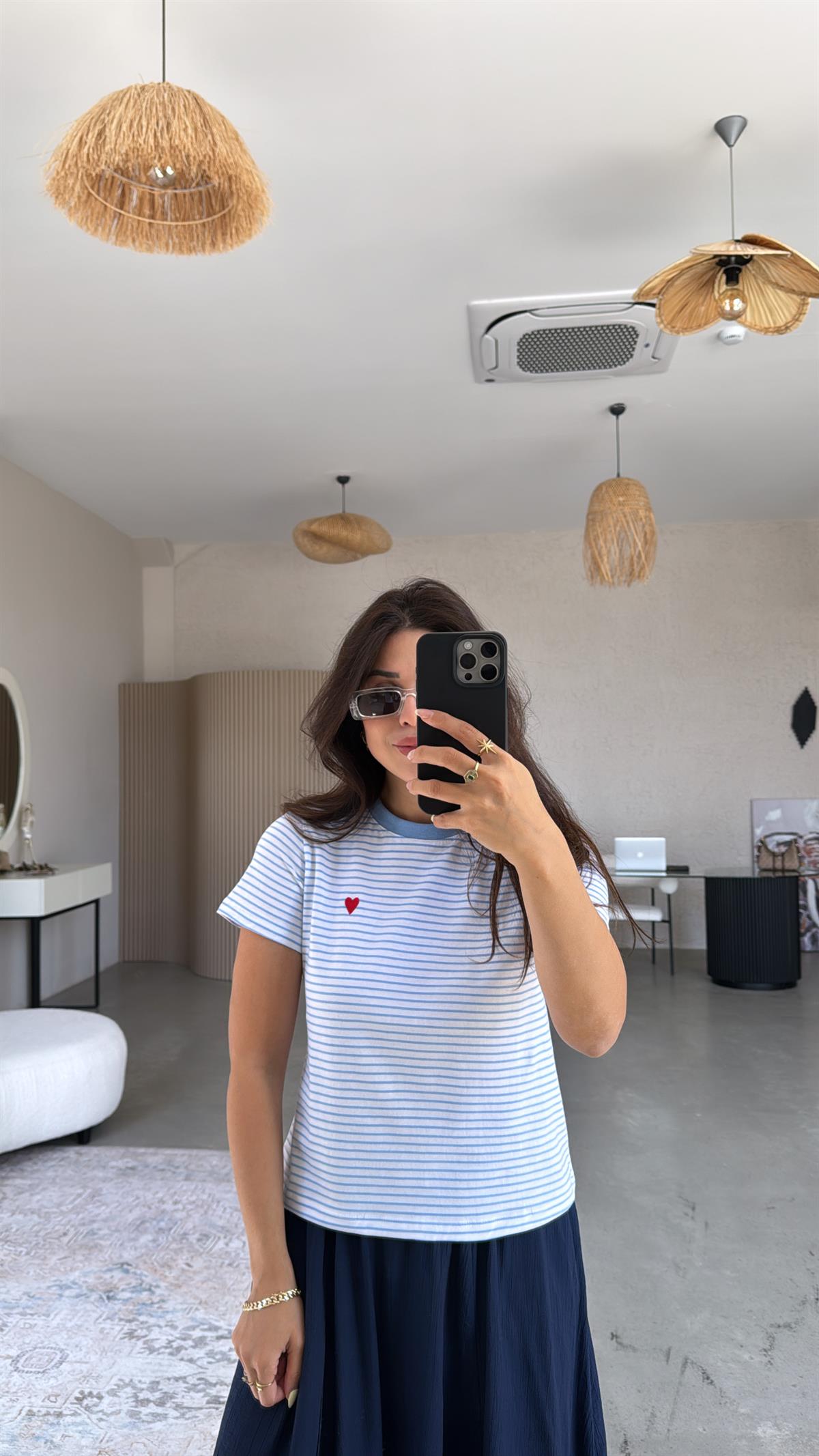 Bebe Mavi Çizgili Kalp Nakışlı Tshirt