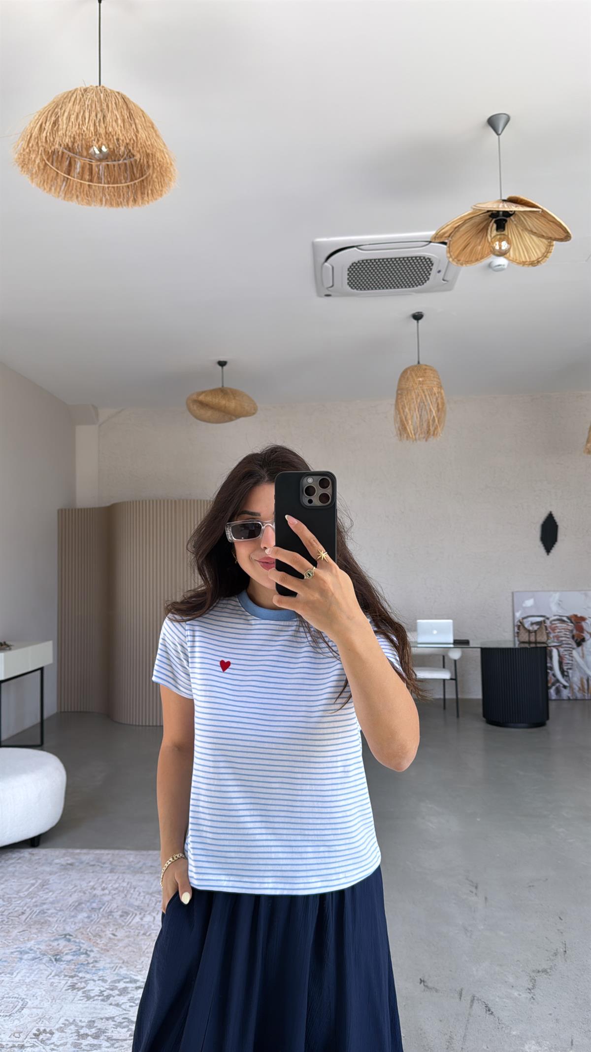 Bebe Mavi Çizgili Kalp Nakışlı Tshirt